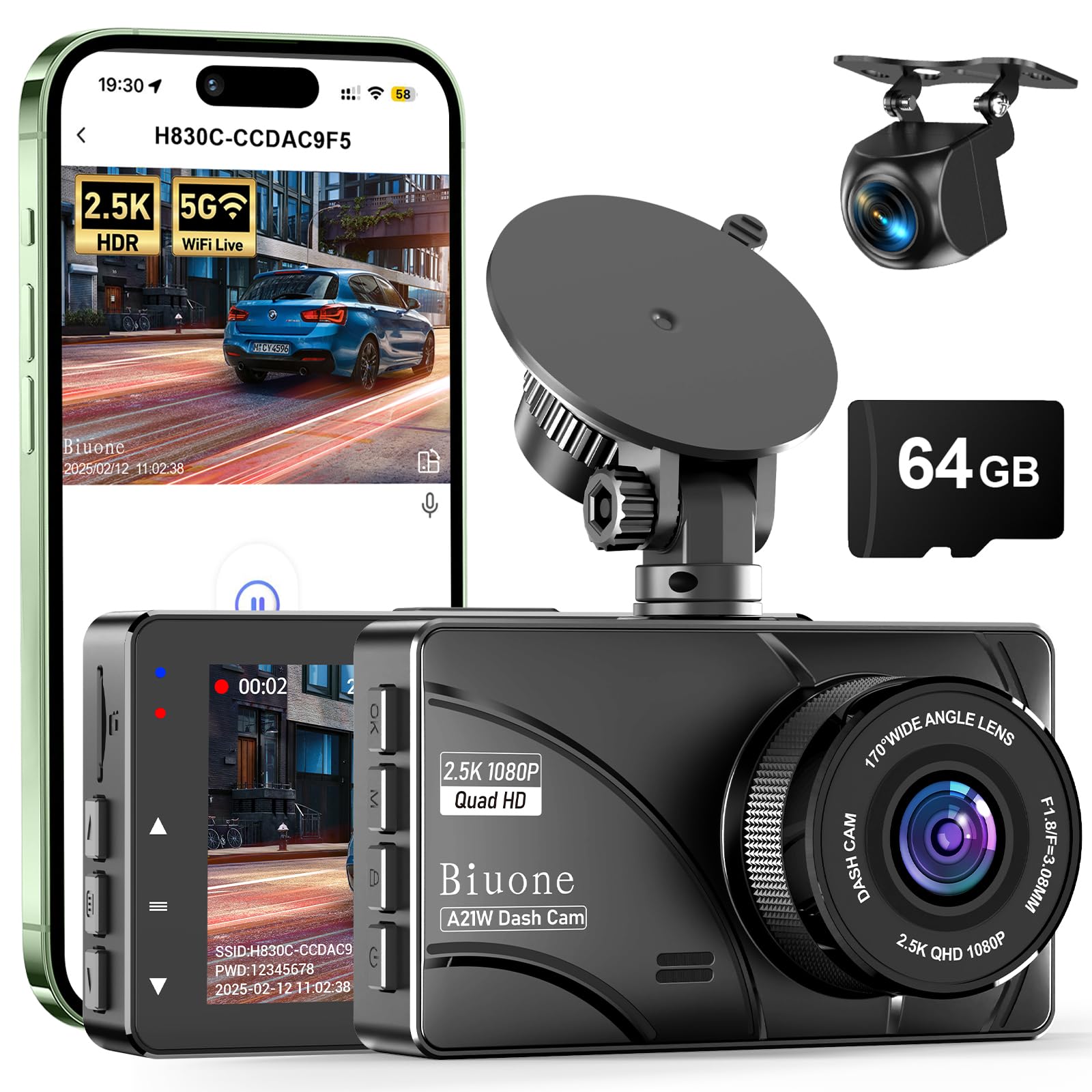 Dash Cam Front and Rear, 2.5K Dual Dash Camera for Cars W/ 64GB Card,3  IPS Screen Dash Cam Built-in 5G WIFI, Car Camera with G-