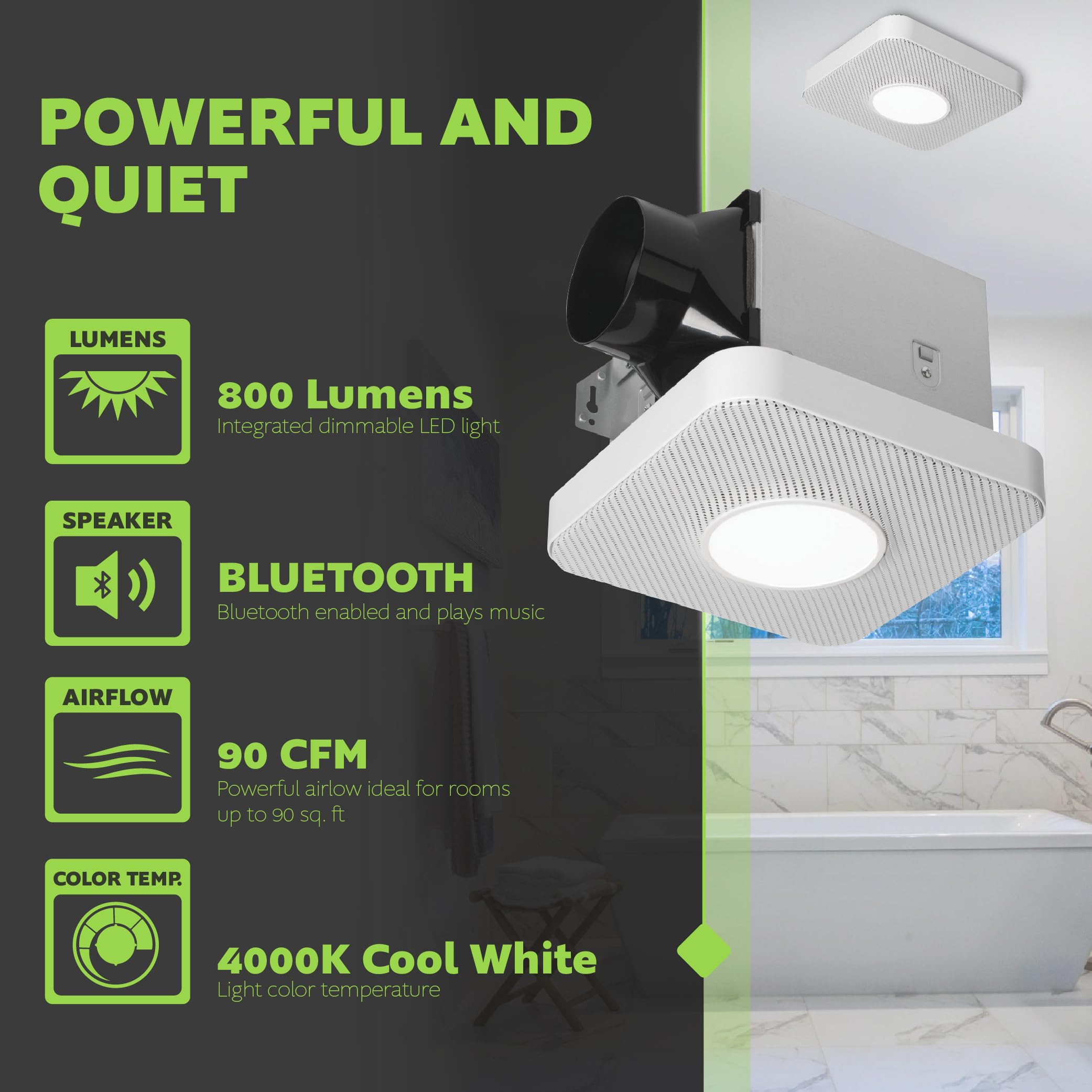 Homewerks 7130 40 Bt Dc Bathroom Fan With Light And Bluetooth Speaker 90 Cfm 1.2 Sones White Easy Install, 4000 Kelvin Cool Whit