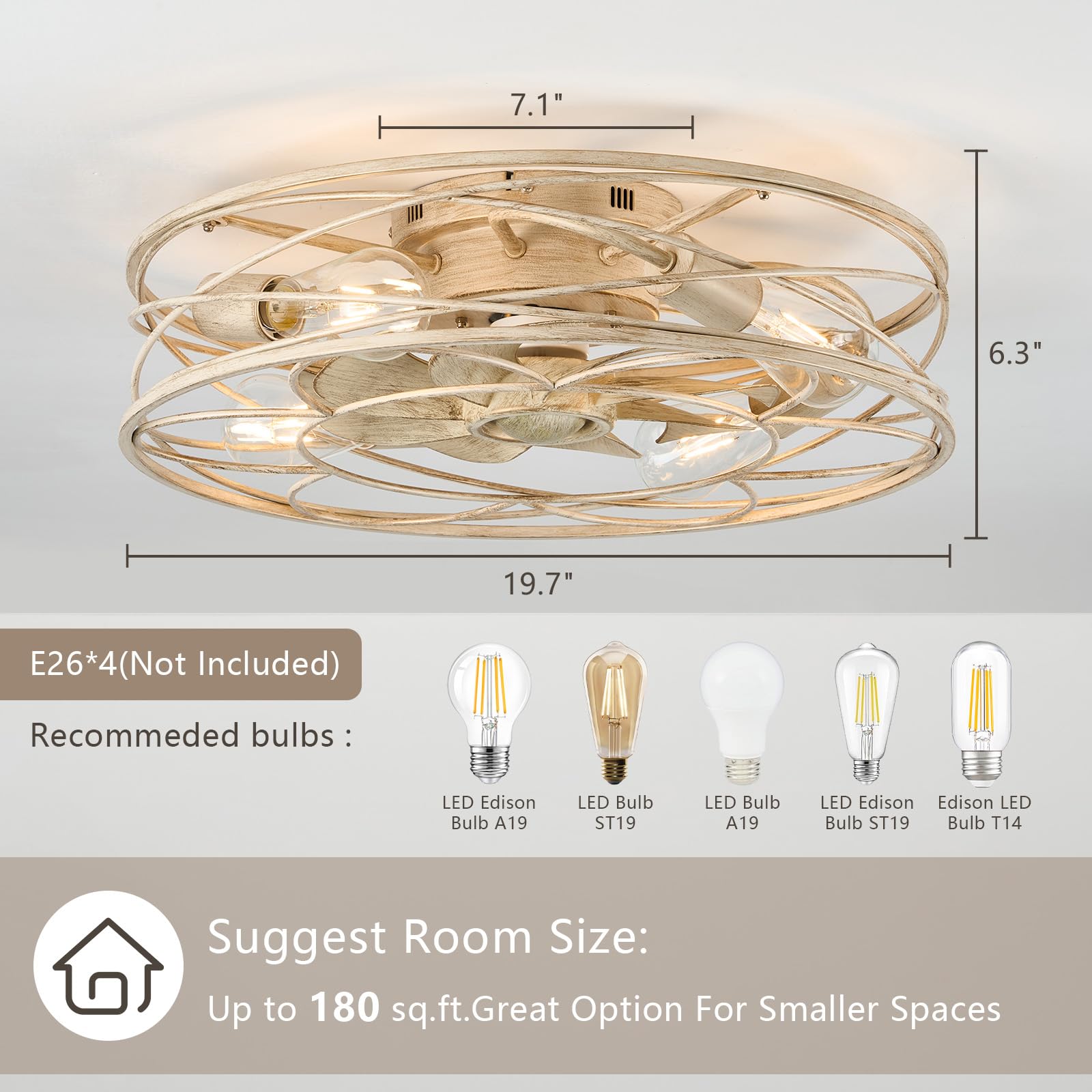 Flush Mount Caged Ceiling Fan: 20'' Caged Ceiling Fan With Lights And Remote, Low Profile Cage Ceiling Fan 6 Speed Reversible Qu