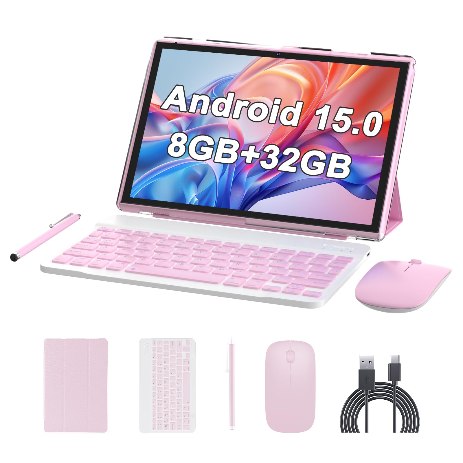 10 inch Android 15 Tablet with Keyboard Stylus, 8GB RAM 2 in 1 Tableta, Includes Mouse & Protective Case, 6000mAh Battery, Wi-Fi