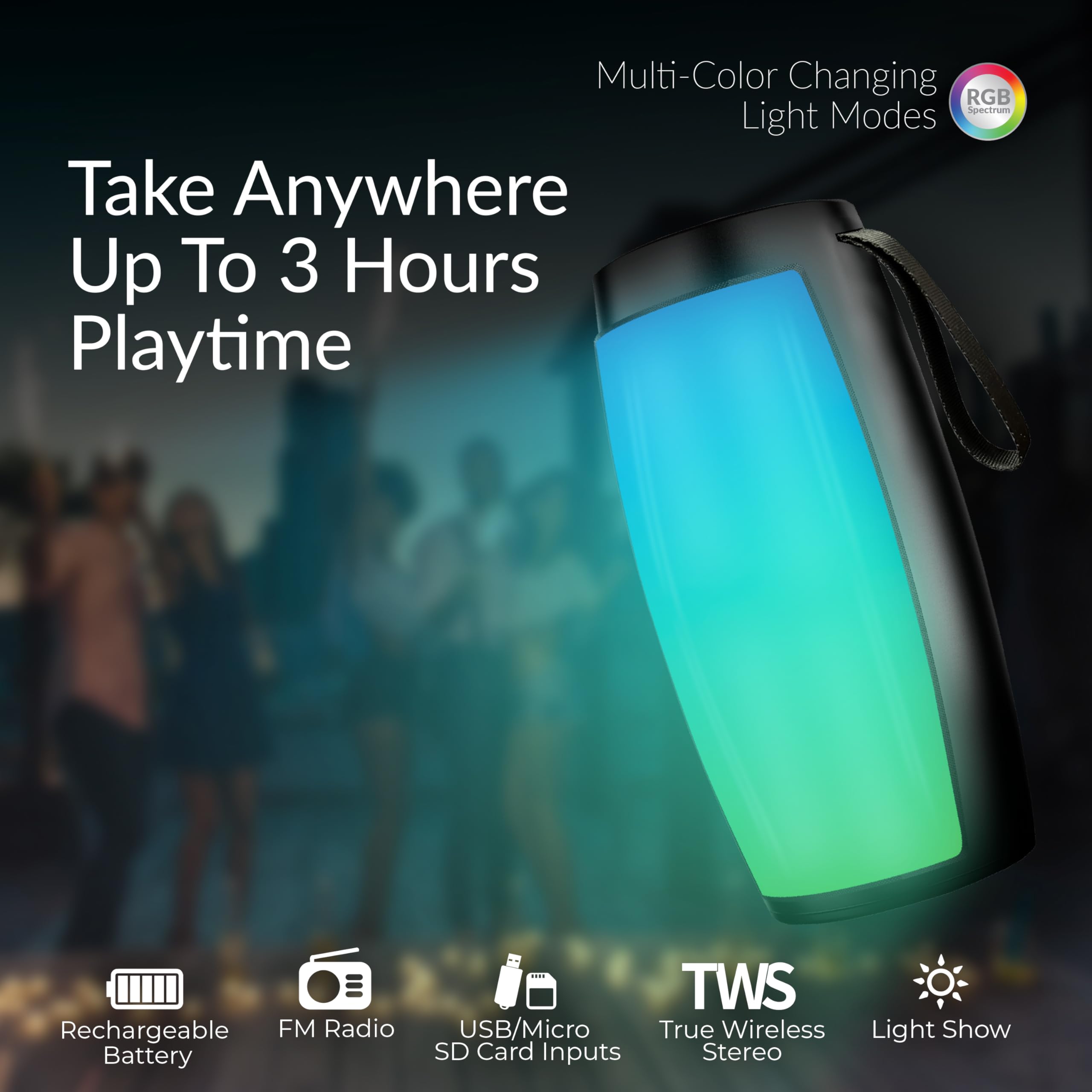 Supersonic Sc-2333Bt Portable Bluetooth Speaker With Rgb Light Panel, True Wireless Stereo, Bluetooth 5.0, Usb/Micro Sd Playback