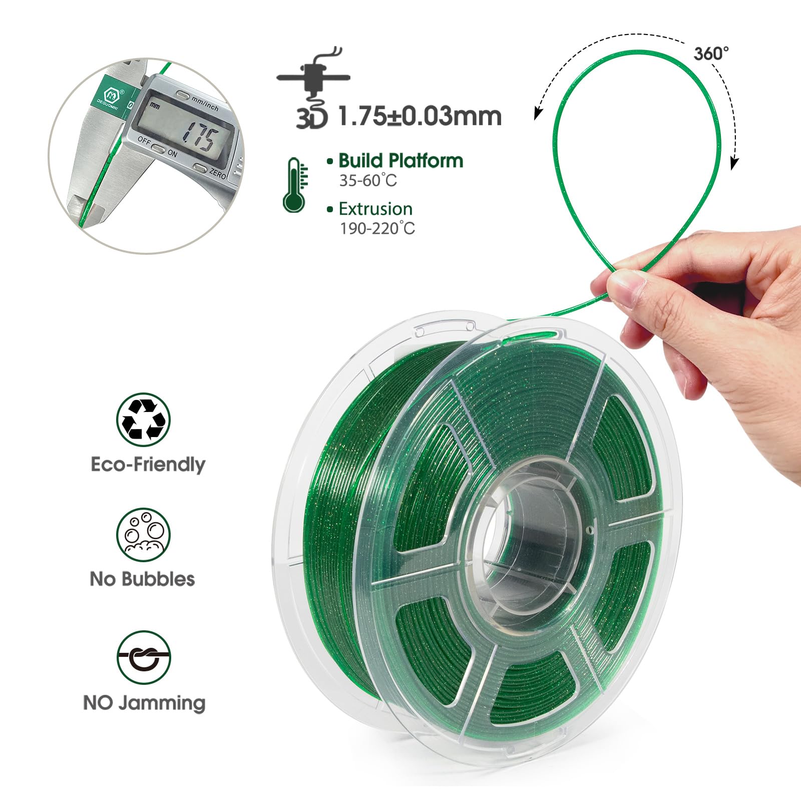 Isanmate 3D Printer Filament, Transparent Glitter Green Pla Filament 1.75 Mm, 3D Printing Filament 1Kg/2.2Lb