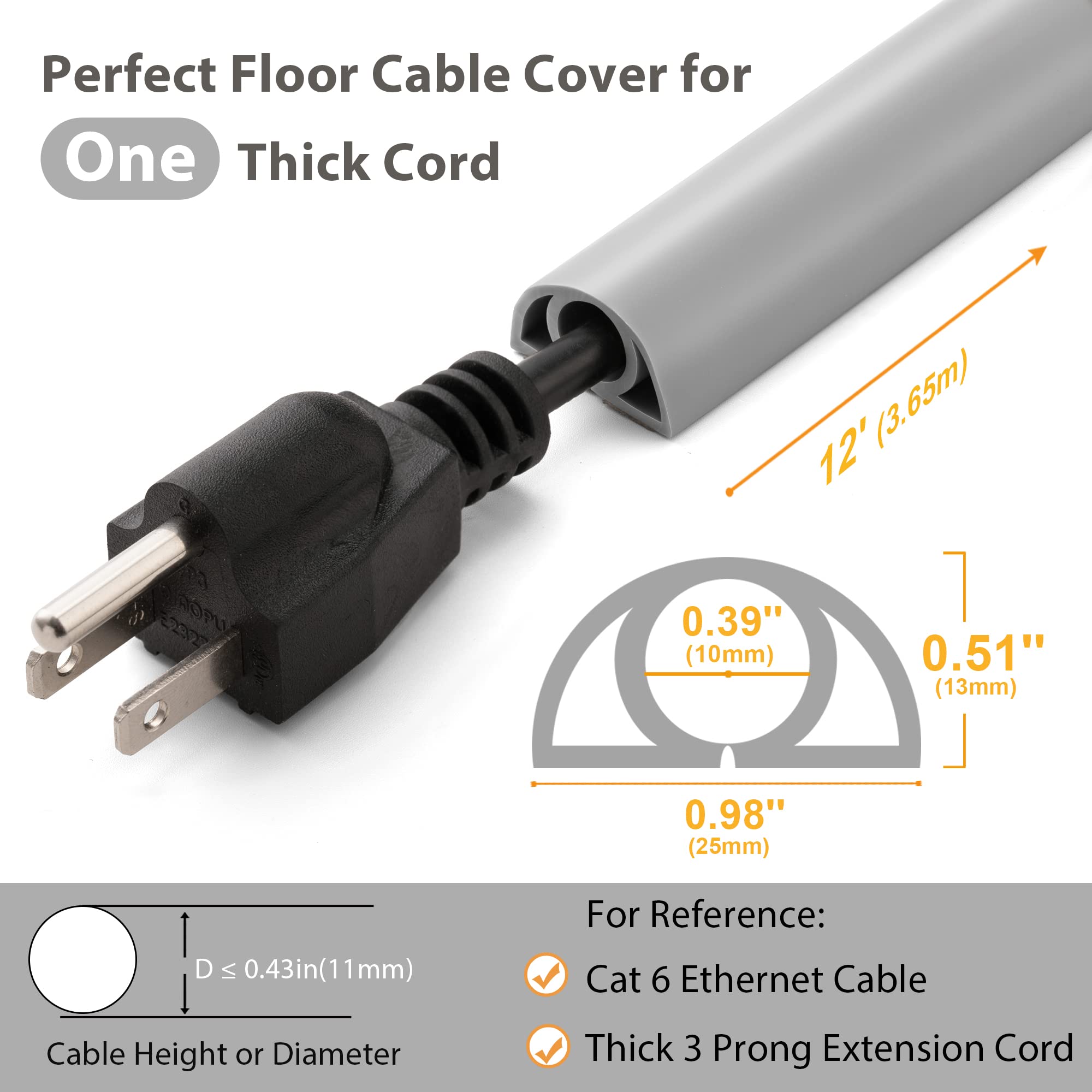 12Ft Cord Cover Floor For Extension Cords, Floor Cable Cover Wire Cover To Protect Cables & Prevent Tripping, Soft Pvc Cord Hide