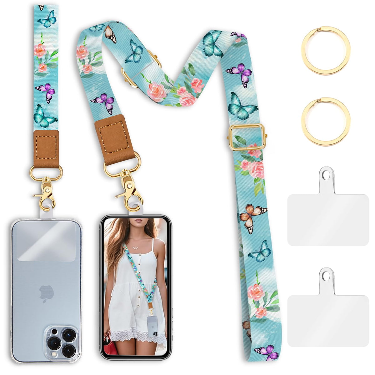 Piefly Phone Lanyard Crossbody Wrist Strap, Butterfly Flower Cell Phone Lanyards For Around The Neck Wristlet Shoulder, Adjustab