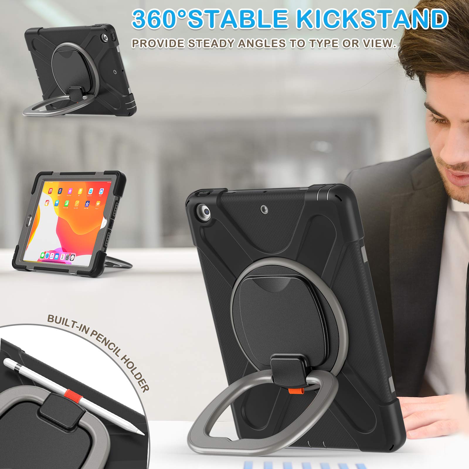 Batyue For Ipad 9Th/ 8Th/ 7Th Generation Case (Ipad 10.2 Inch Rugged Case 2021/2020/2019) With Screen Protector, Rotating Stand/