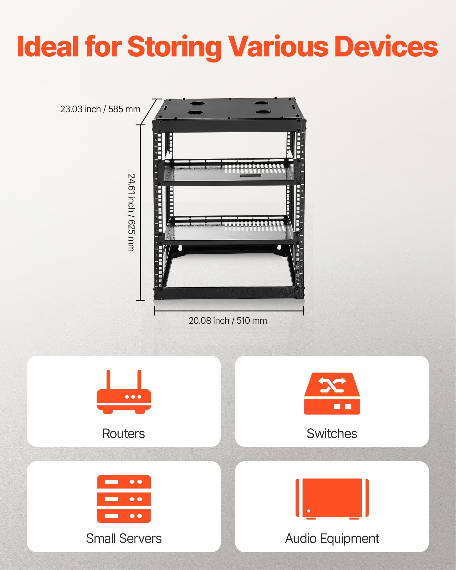 Vevor 12U Server Rack, Open Frame Network Rack For It & Av Gear, Floor Standing Or Wall Mounted,With 2Pcs 1U Rack Shelves & Moun
