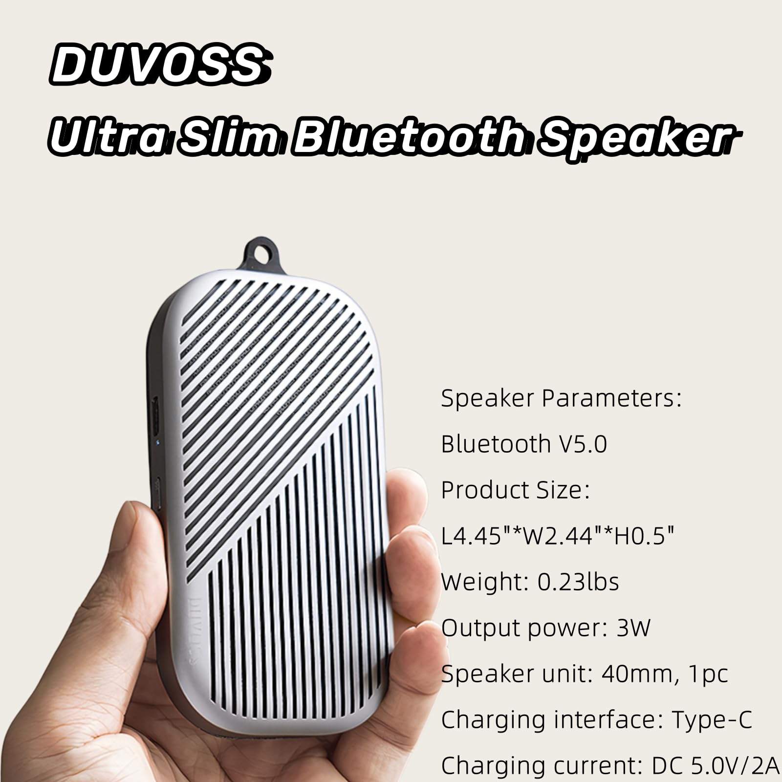 Duvoss Portable Speaker With Bluetooth, 0.5'' Ultra Thin Bluetooth Speaker, Integrated Carabiner, Mini Wireless Speaker Built In
