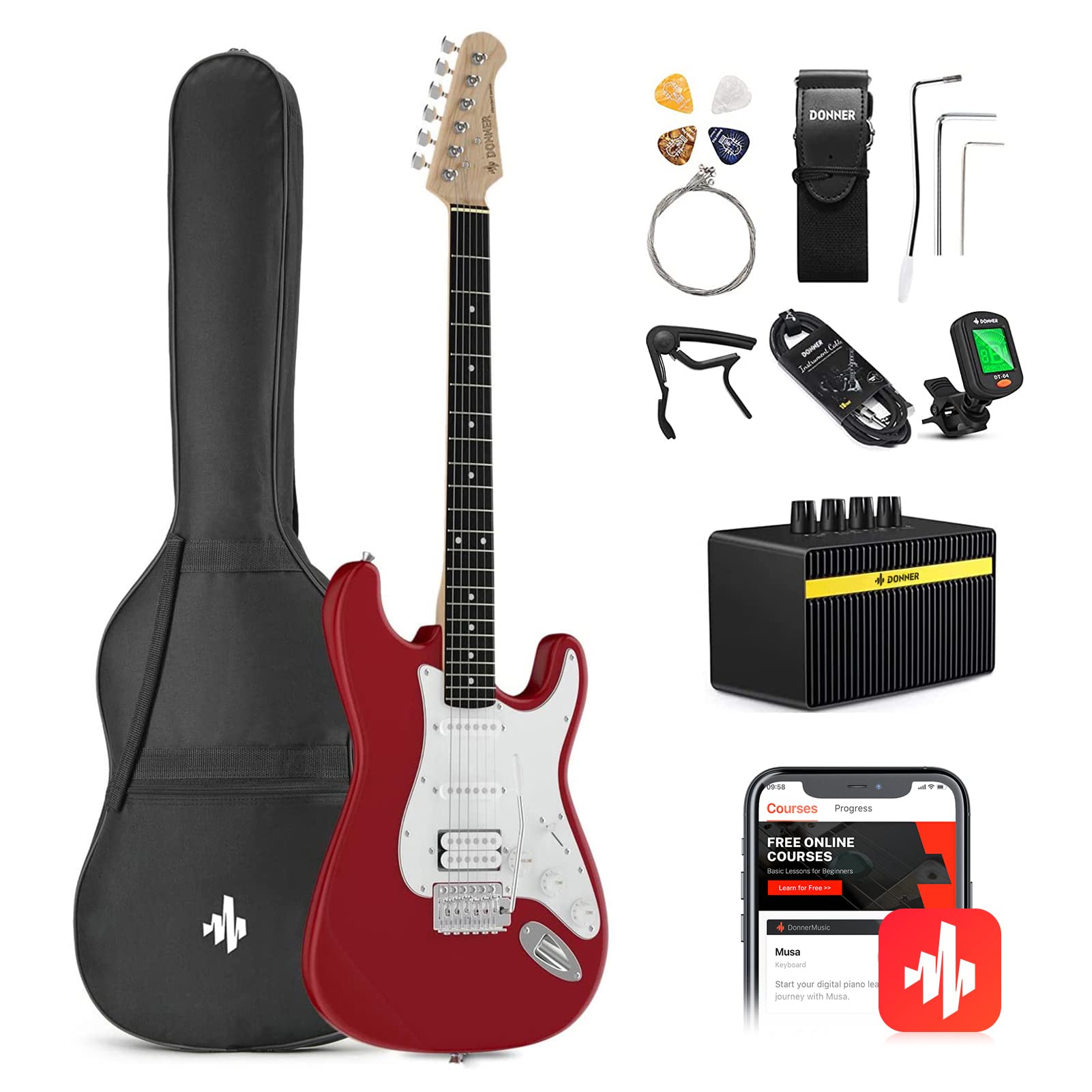 Donner Dst 100R 39 Inch Electric Guitar Beginner Kit Red Full Size Solid Body Hss Pick Up Starter Package With All Accessories A
