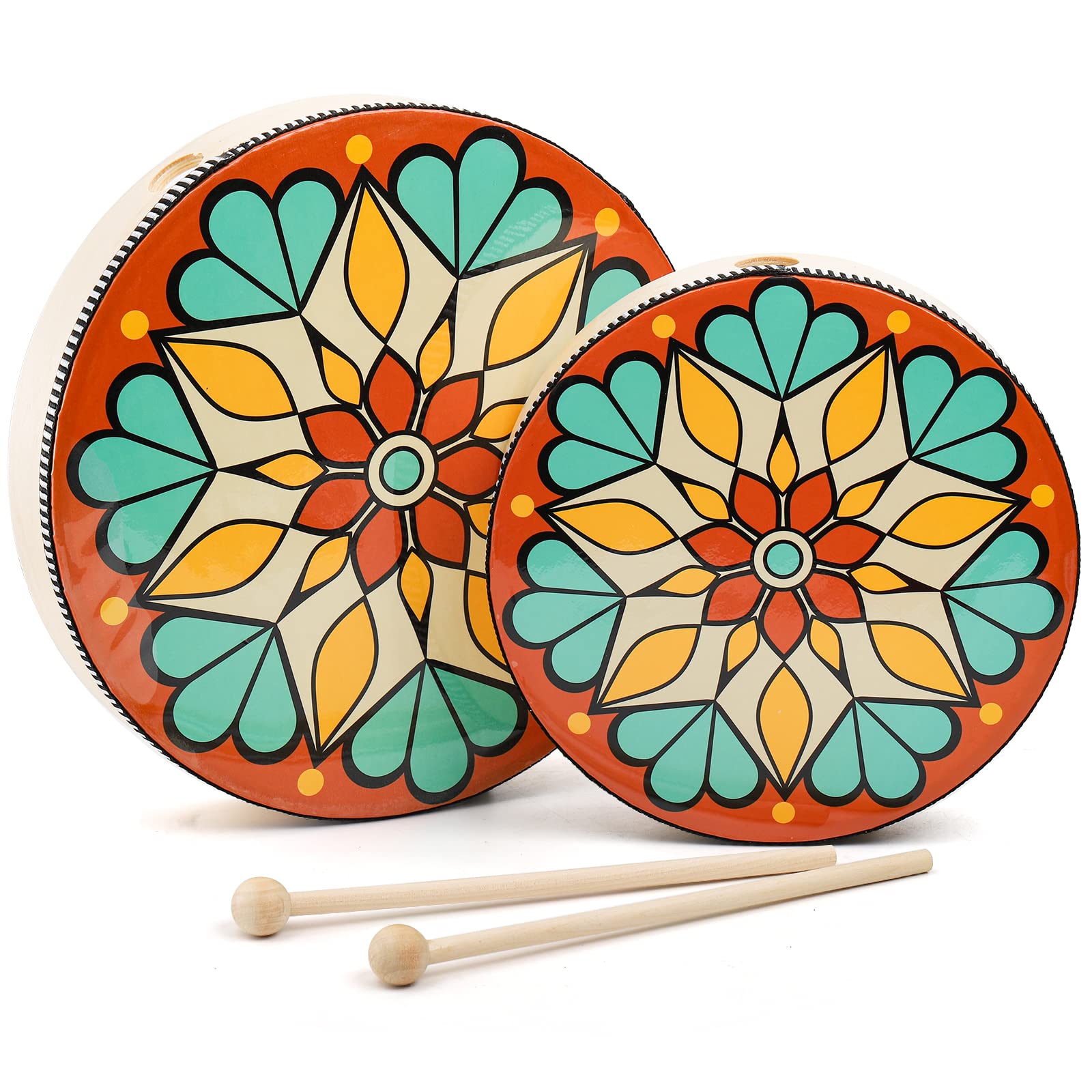 Foraineam 10 Inch & 8 Inch Hand Drum, Musical Percussion Instrument Colorful Wood Frame Drum With Drum Stick