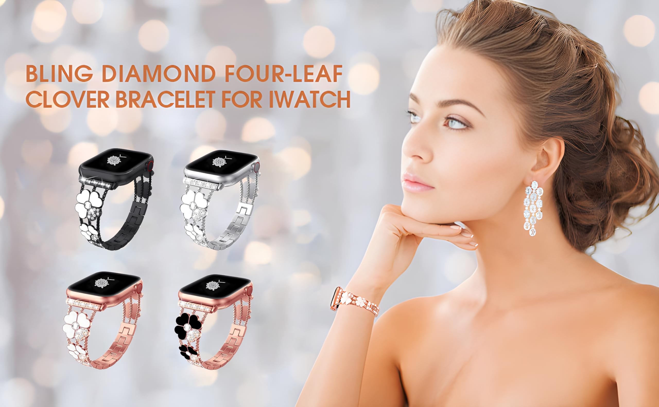 Kolgios 40/41Mm Black/White Women Fashion Four Leaf Clover Lucky Smartwatch Band Compatible For Apple Watch Series 9/8/7/Se/6/5