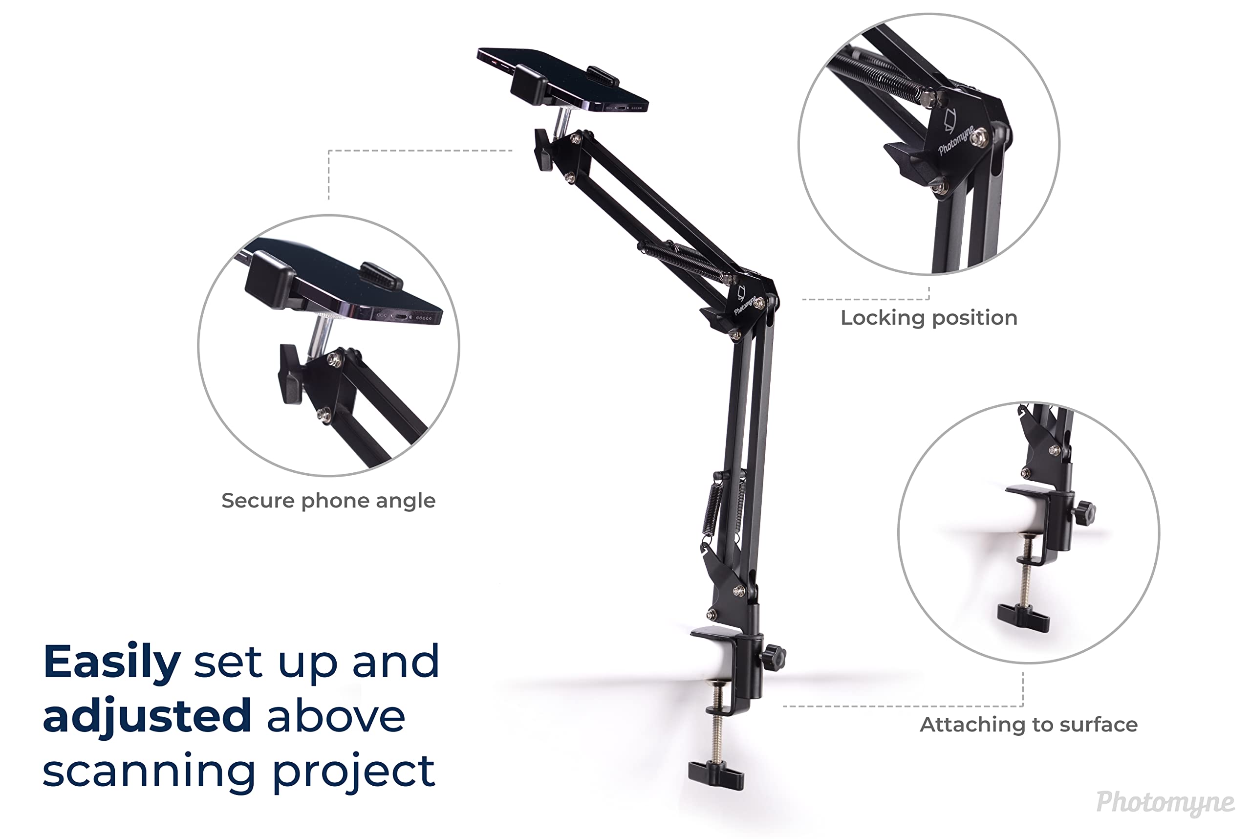 Photomyne Sturdy Flexible Phone Holder For Desk, Table, Office, Kitchen With Clamp For Photo Album Scanning, Iphone Holder For Desk  Black