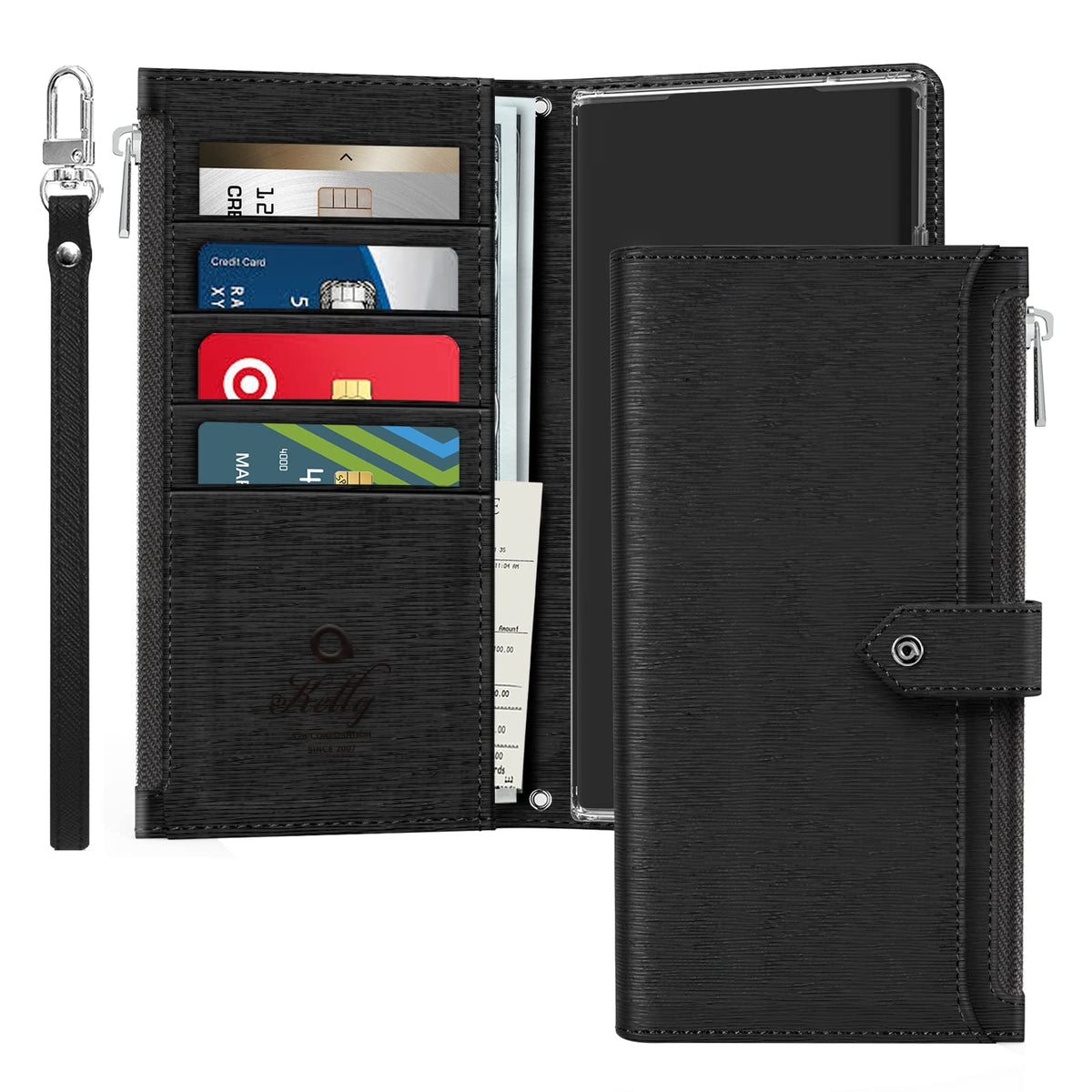 Just4You For Samsung Galaxy S23 Ultra Zipper Wallet Case With Strap Card Holder Folding Pu Leather Flip Phone Case For Women (Bl