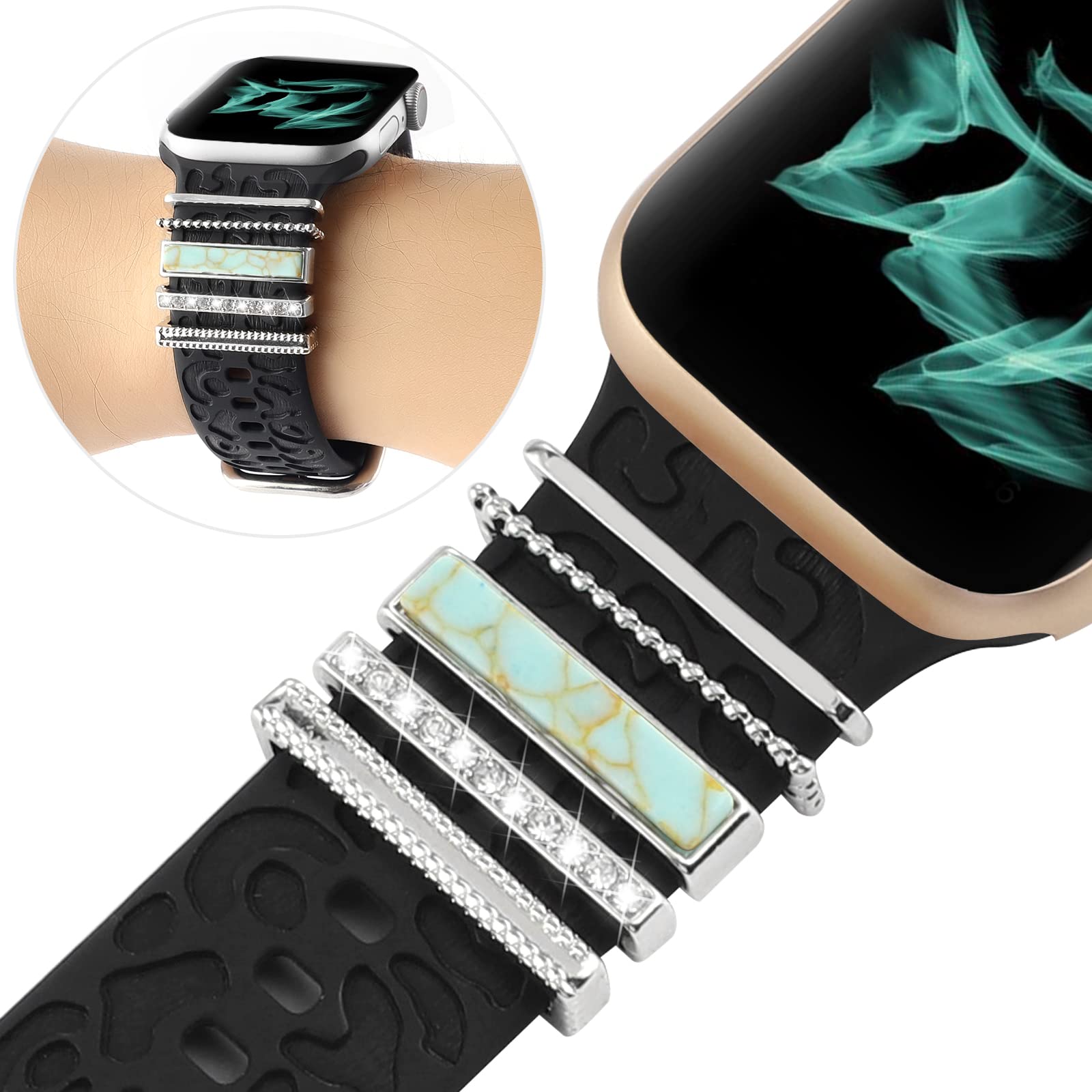 Decorative Ring Loops Compatible With Apple Watch Silicone Bands 38Mm 40Mm 41Mm 42Mm 44Mm 45Mm,Metal Turquoise Diamond Charms Ac