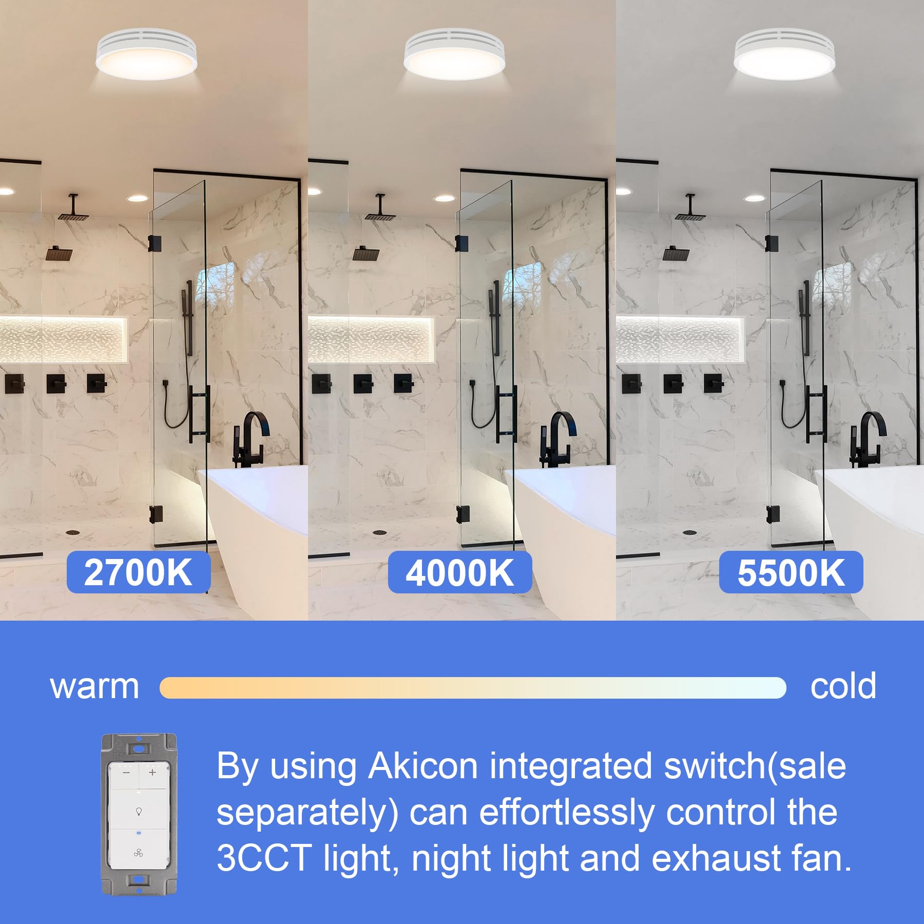 Akicon Bathroom Exhaust Fan With Light, 110Cfm, 2.0 Sones Bathroom Fan For Ceiling, 1000Lm Dimmable Led Light And 150Lm Nightlig