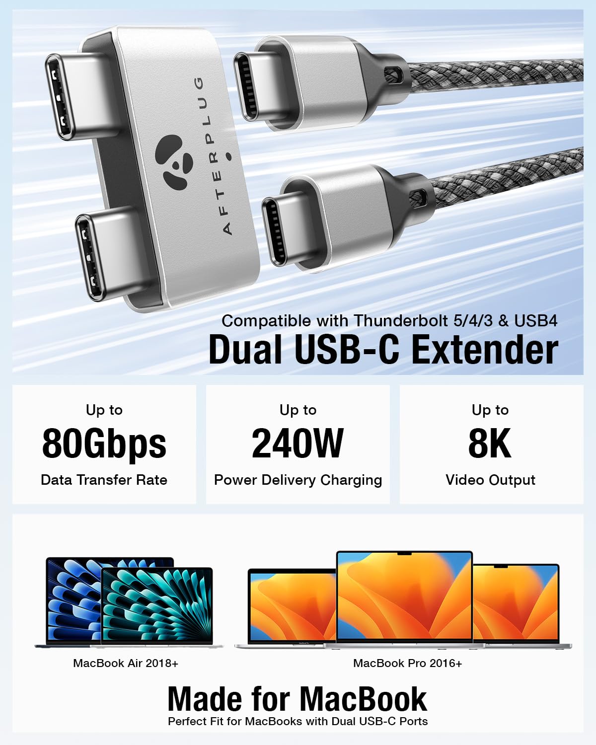 Afterplug Dual Usb-C Extender For Macbook With Case, 2-Port Pass-Through Adapter For Thunderbolt 5/4/3 & Usb4 - 240W Pd, 8K Vide