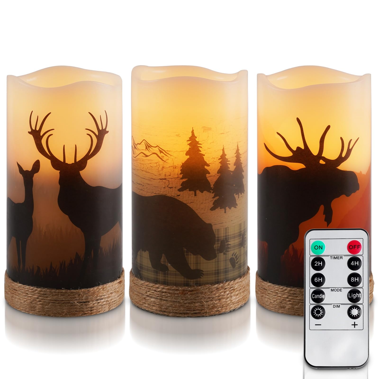 Homemory Christmas Flameless Candles Battery Operated With Rope, Deer, Bear, Moose, Remote Control And Timers, Rustic Country Ho