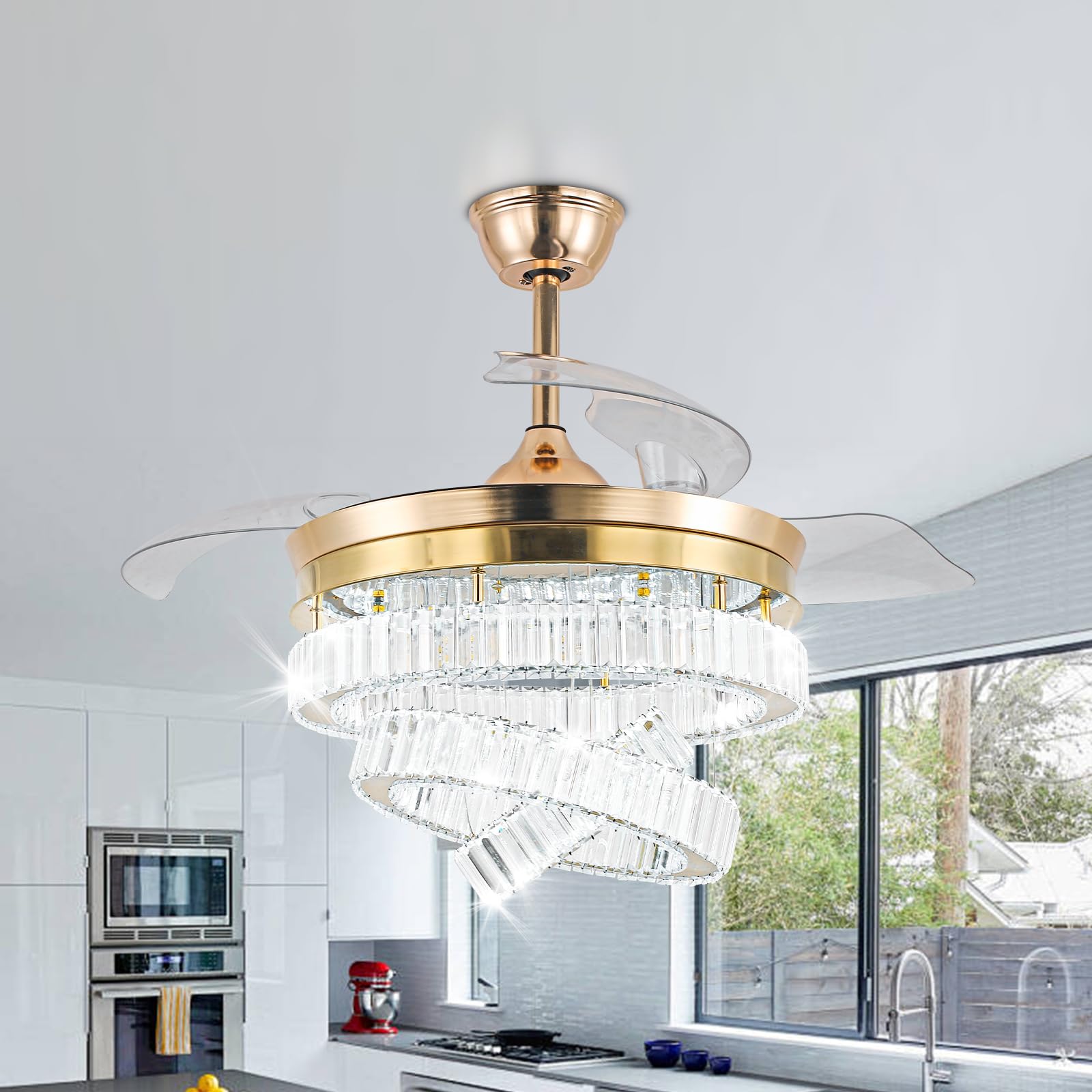 CLAIRDAI 42 Gold Fandelier Crystal Ceiling Fan with Lights with APP & Remote Control Dimmable Chandeliers Fan 3 Color Change, 