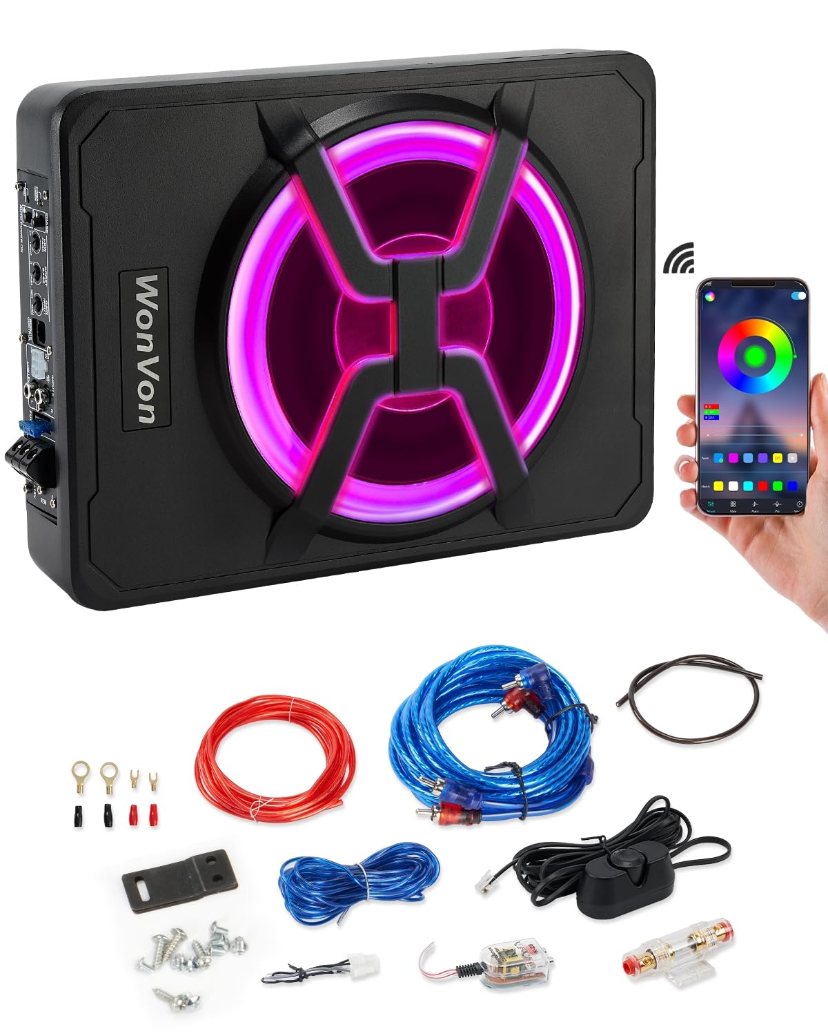10 Inch Slim Under Seat Car/Truck Subwoofer Bass Active Stereo With Multi Colors Ambient Lighting,Built In Amplifier 800W, App R