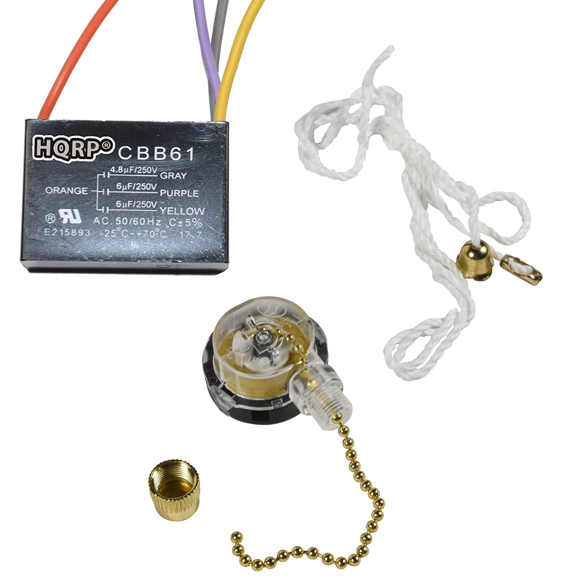 Hqrp Kit Ceiling Fan Capacitor Cbb61 4.8Uf+6Uf+6Uf 4 Wire Ul Listed And 3 Speed Fan Switch
