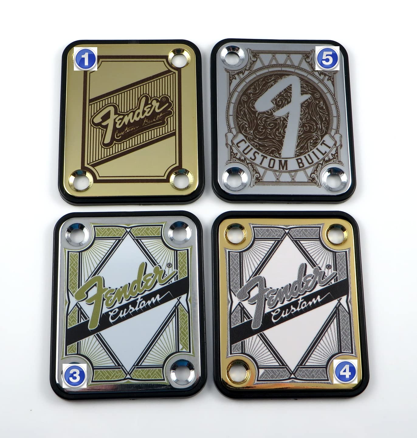 Standard 4 Bolt''Custom Built'' Engraved Or Printed Guitar Neck Plate   Choose From 4 Designs   Silver, Gold Or Black