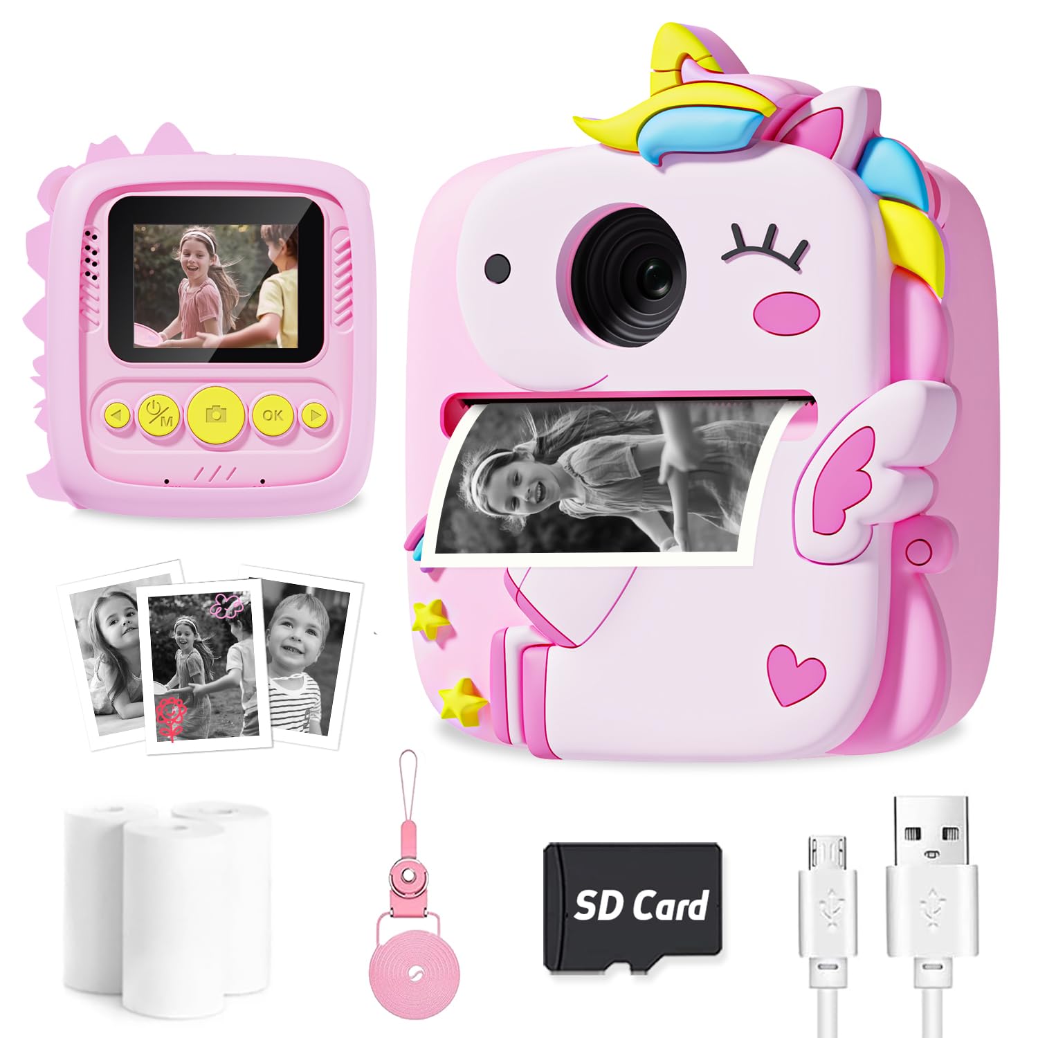 Kids Camera Instant Print, 1080P Hd Digital Video Cameras For Kids With Print Paper & Sd Card, Christmas Birthday Gifts For Girl