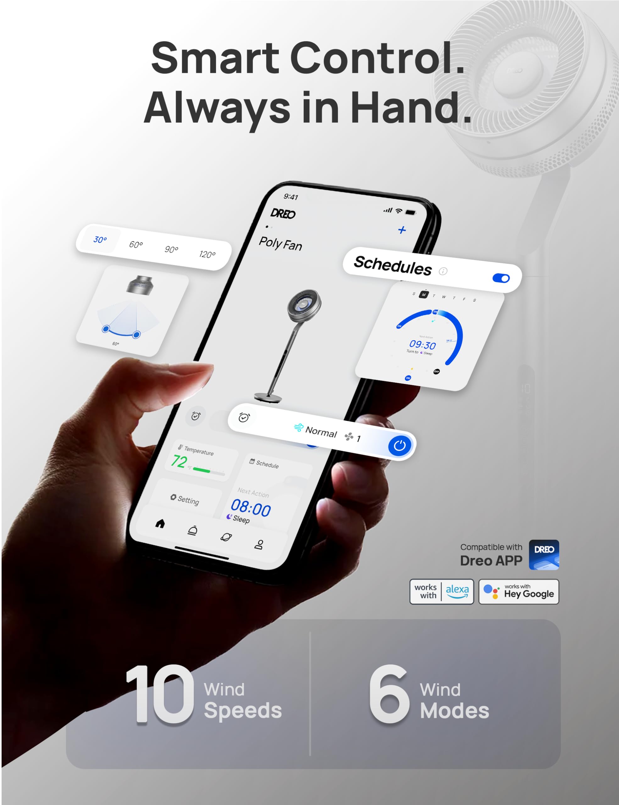 Dreo Pedestal Fan With Smart Control, 40 44' Adjustable Height, Dc Quiet Fans For Bedroom, 120�+85� Omni Directional Oscillating Fan, 100Ft Airflow, 10 Speeds, 6 Modes, 12H Timer, 23Db, Wi Fi/Voice