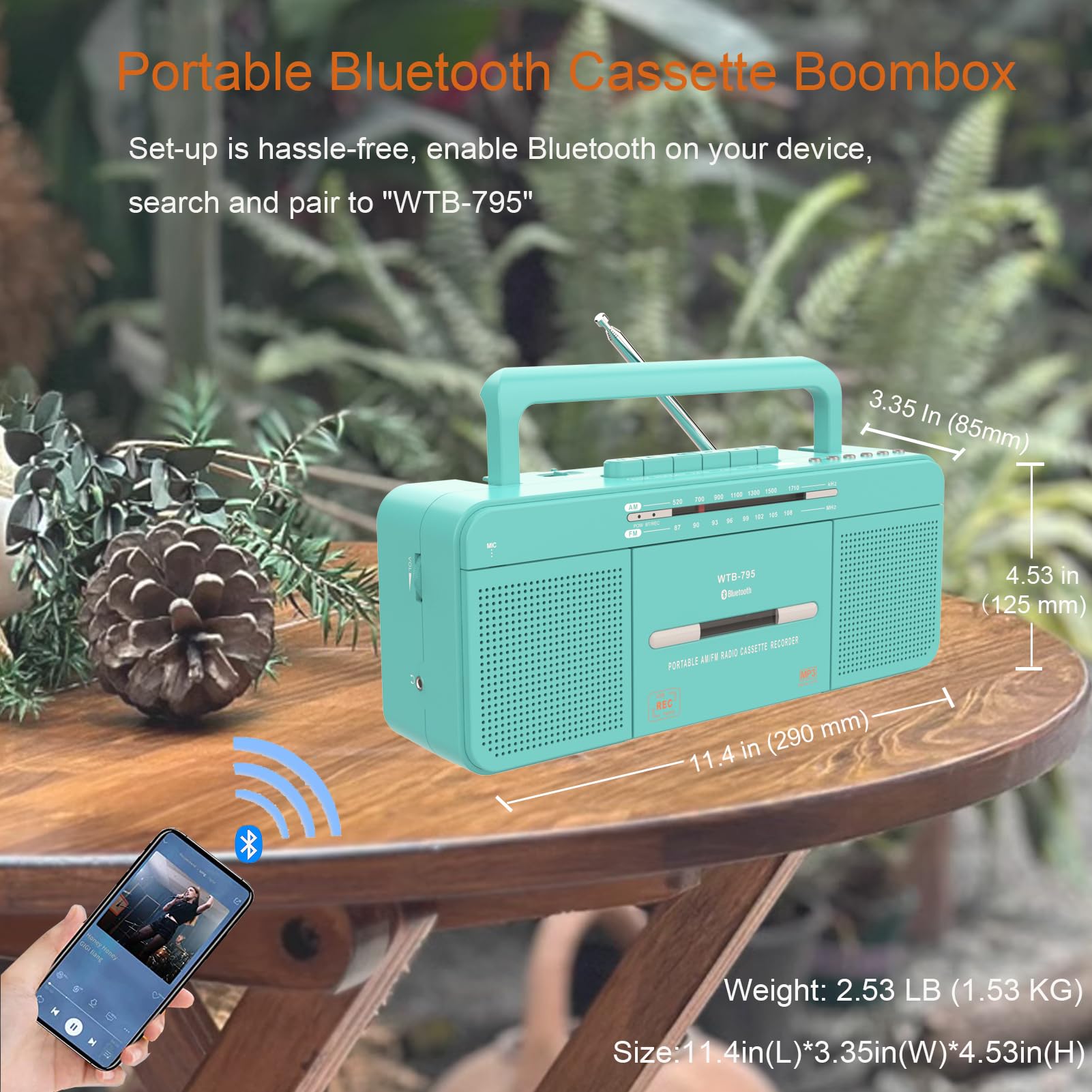 Portable Retro Classic Cassette Player Recorder With Bluetooth,Usb,Am/Fm Radio Stereo,Tape Player/Recording,Usb Playback/Recordi