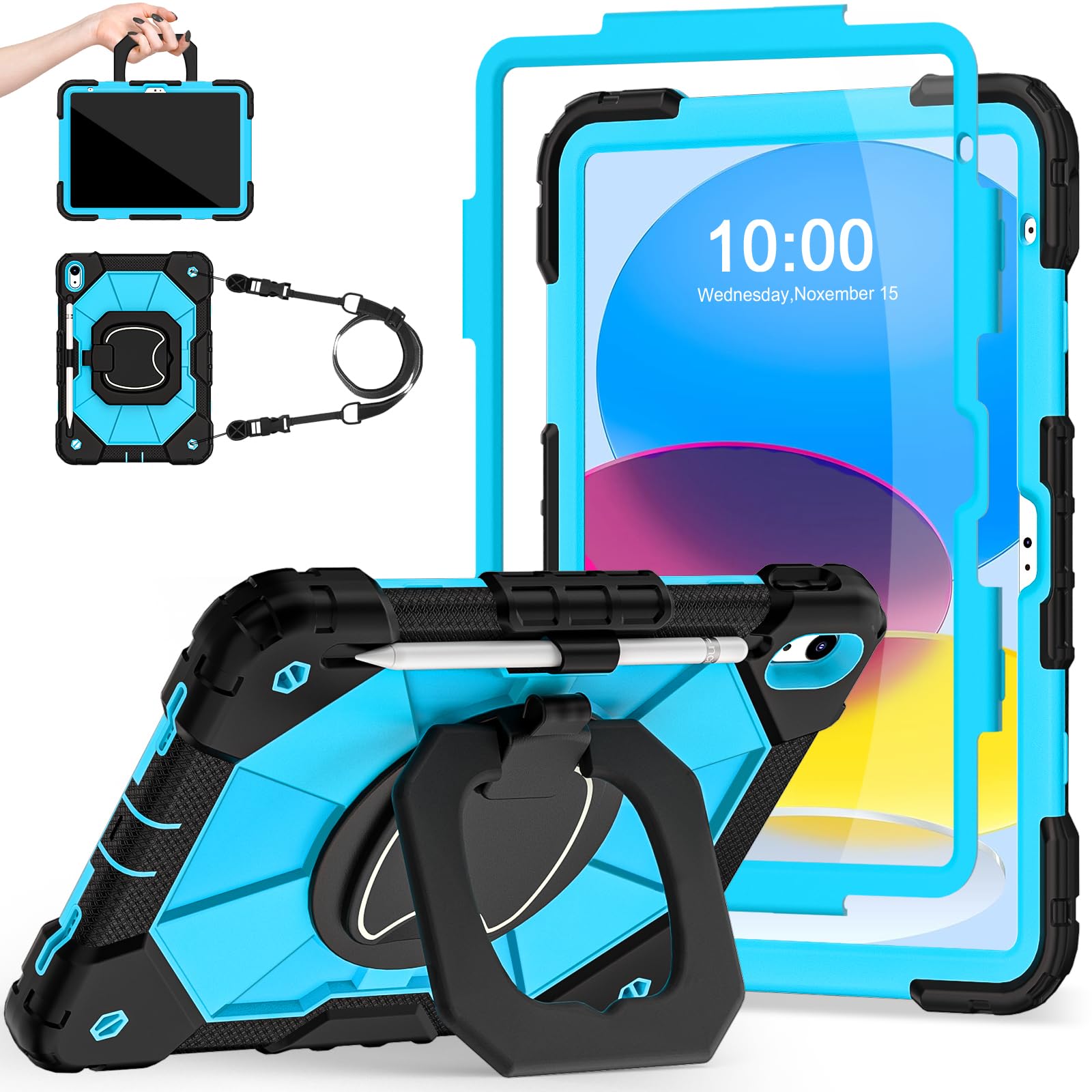 Auizotl Case For Ipad 10Th Generation 10.9 Inch With Screen Protector/360 Rotating Stand/Shoulder Strap/Pencil Holder,Military G