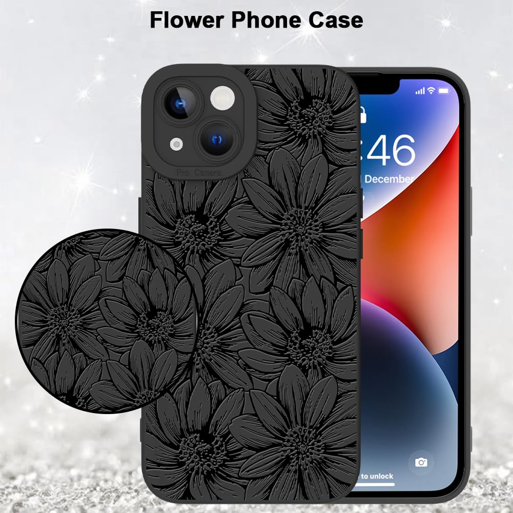 Mzelq For Iphone 14 Case, Silicone Black Floral Flowers Sunflowers Cute Pattern, Camera Protection Soft Slim Phone Case For Ipho