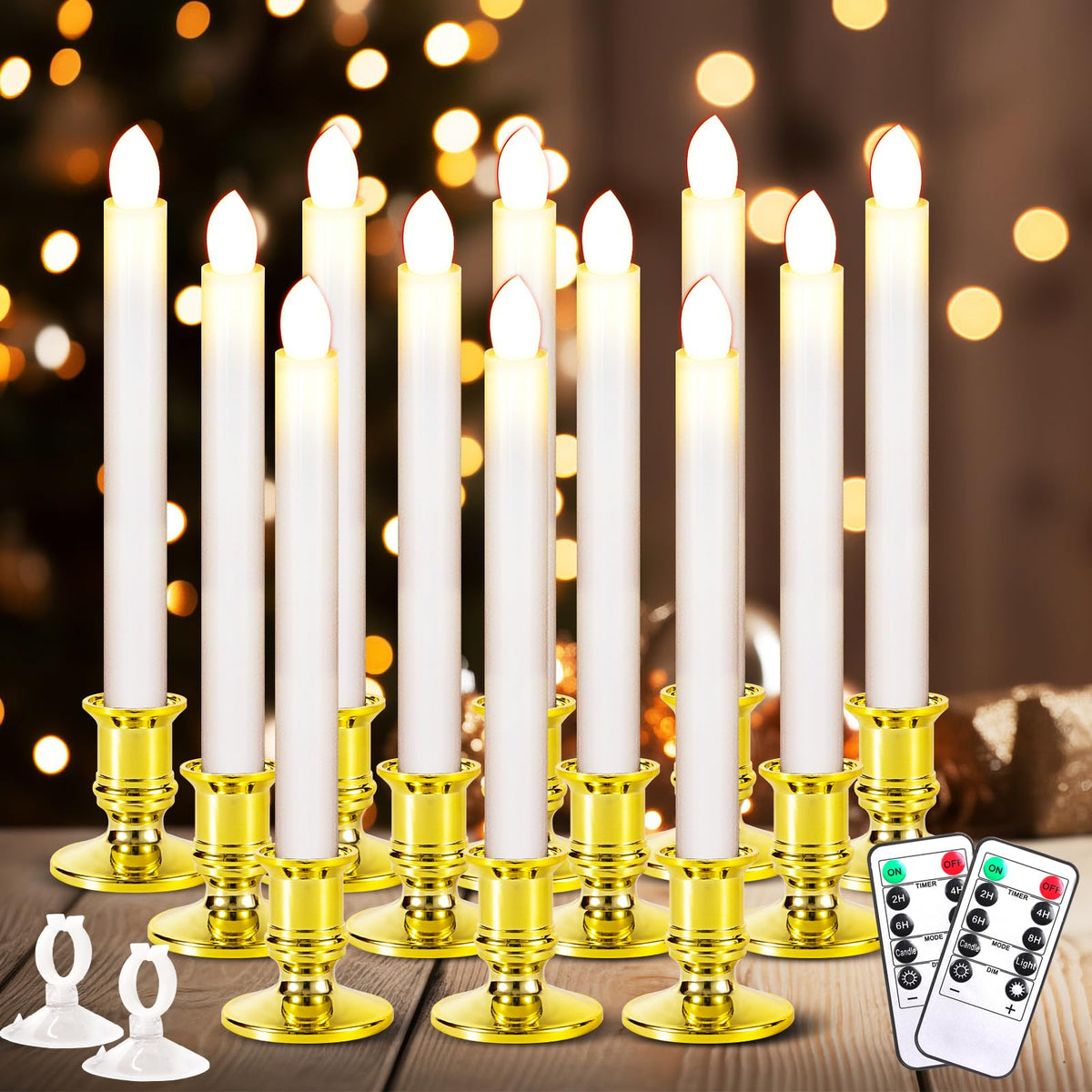 Qmioti 12 Pack Christmas Window Candles, Battery Operated Window Candles With Timer Remote, Led Window Candles With Candle Holde