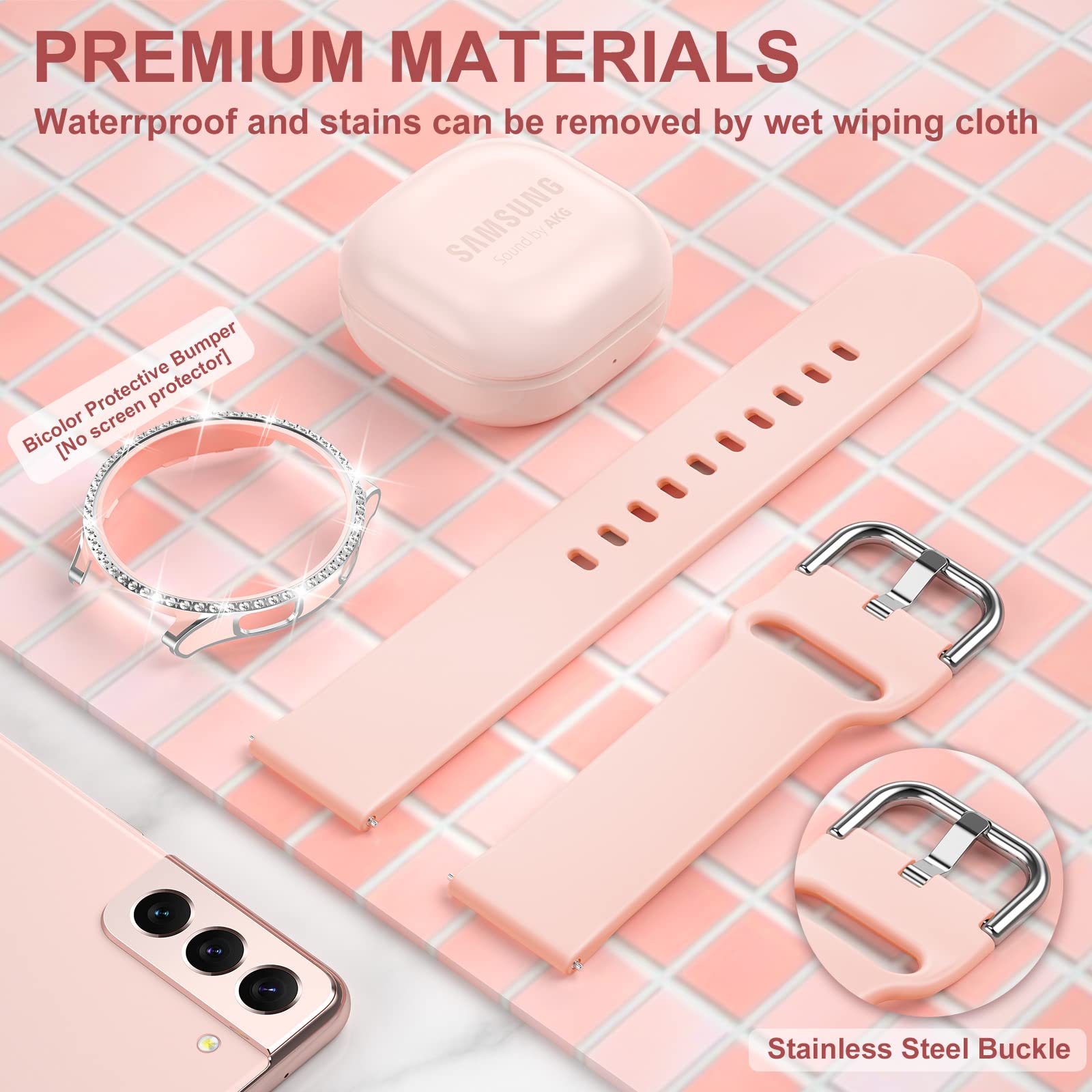 Dabaoza Compatible For Samsung Galaxy Watch 4 5 Band 44Mm With Glitter Bumper Case, Women Black Silicone Soft Comfortable Adjust