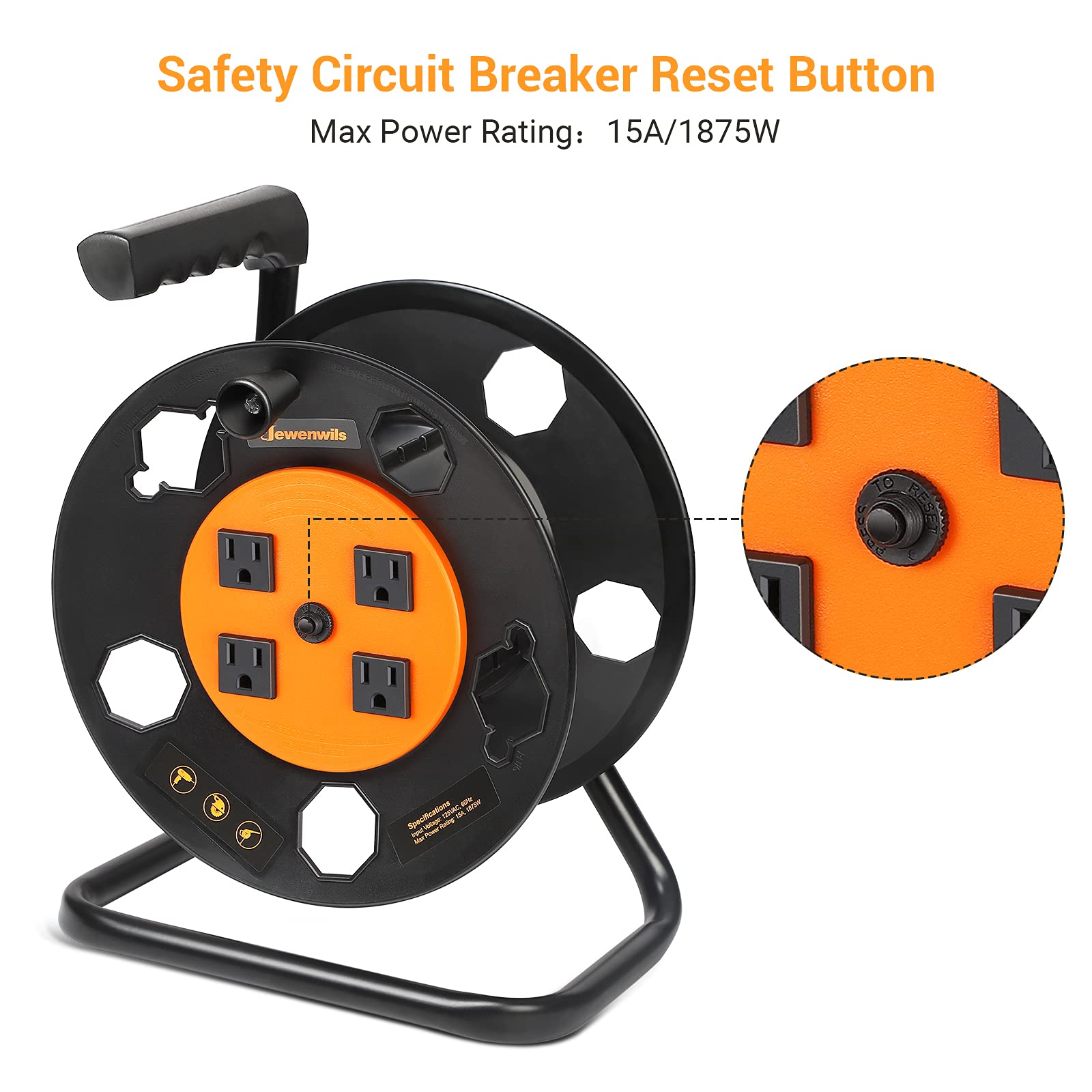 Dewenwils Extension Cord Storage Reel, Heavy Duty Open Cord Reel With 4 Grounded Outlets, 12/3,14/3,16/3 Gauge Power Cord Reel,