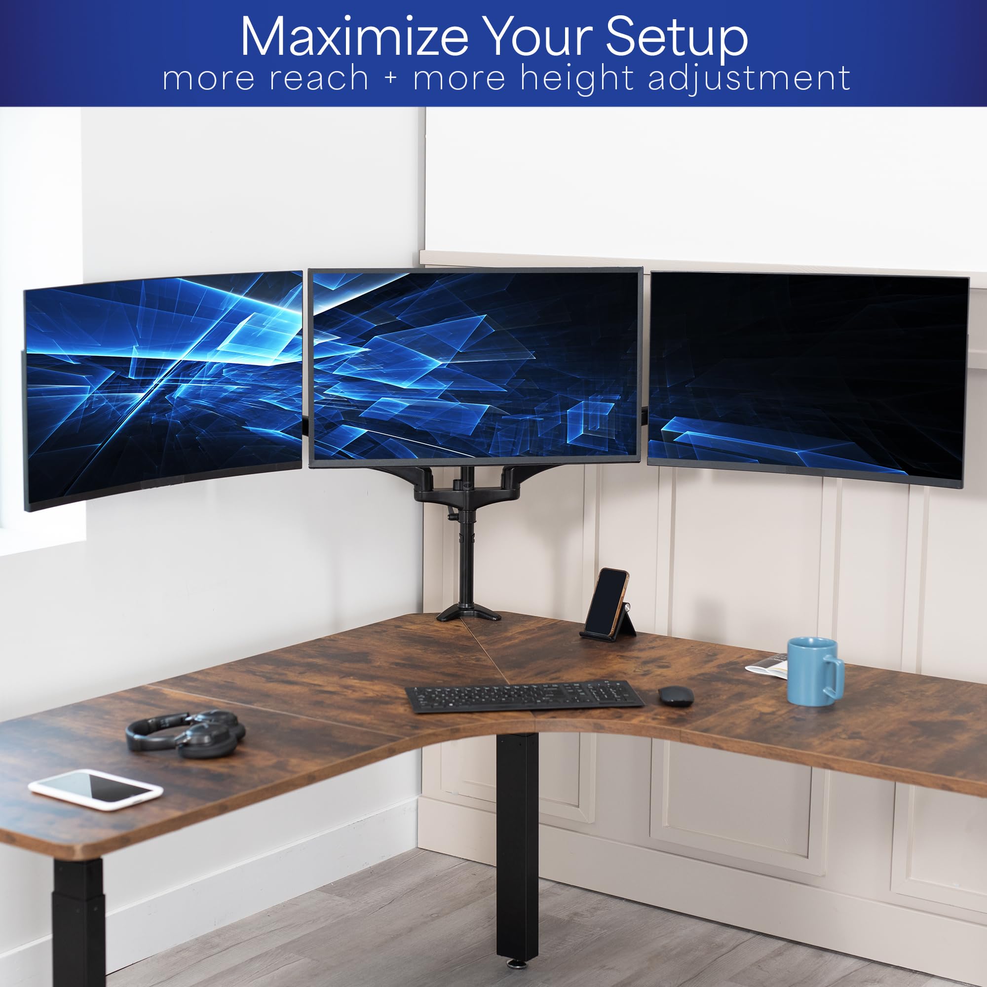 Vivo 17 To 32 Inch Triple Pneumatic Monitor Mount, 2 Pneumatic Arms, 1 Fixed, Adjustable Swivel, Rotation, Heavy Duty Vesa Desk