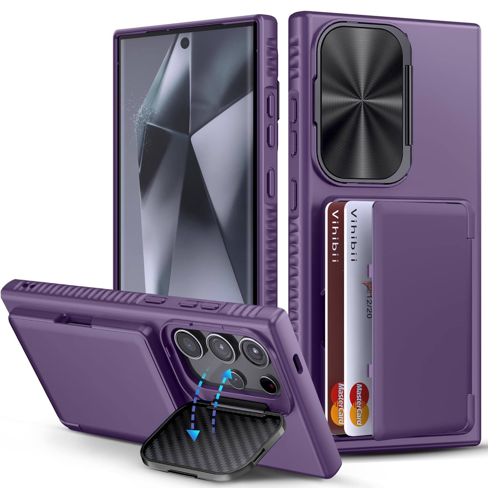 Vihibii For Samsung Galaxy S24 Ultra Case With Card Holder (4 Cards) & Kickstand & Camera Lens Cover, Heavy Duty Hard Back Soft