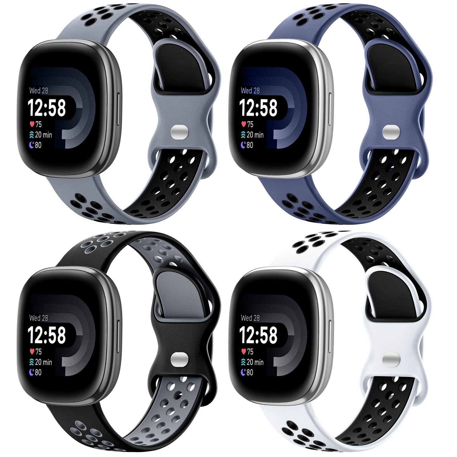 Maledan 4 Pack Sport Band Compatible For Fitbit Versa 3/Versa 4/ Fitbit Sense/ Sense 2 Bands Women Men, Soft Wristband Replaceme