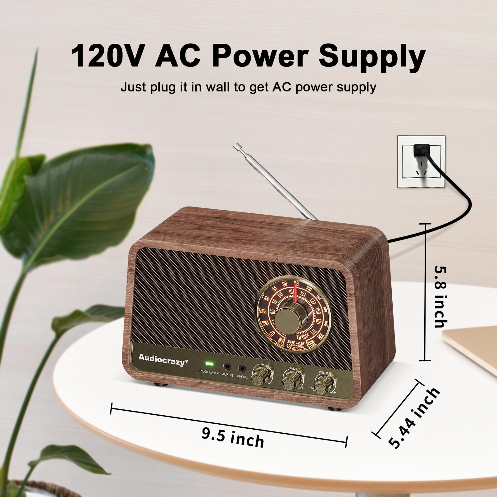 Audiocrazy Vintage Wooden AM FM Bluetooth Radio - 10W Sound, Bass Control, Espresso Finish, Model Audiocrazy-001