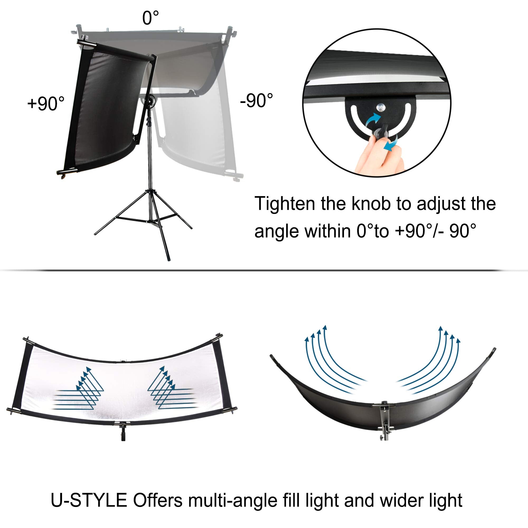 Fudesy Clamshell Light Reflector/Diffuser,67'X24' Curved Photography Lighting Reflector For Photo Video Studio Shooting With Black/Silver/White/Gold Reflectors,Carry Bag