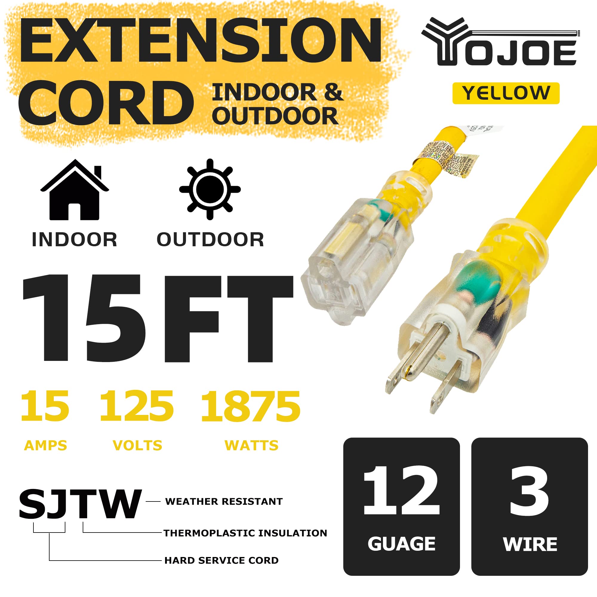 Yojoe Indoor Outdoor Extension Cord With Lighted End, 3 Prong 15A Weatherproof Power Extension Cord, 12 Gauge Heavy Duty 15 Ft Y