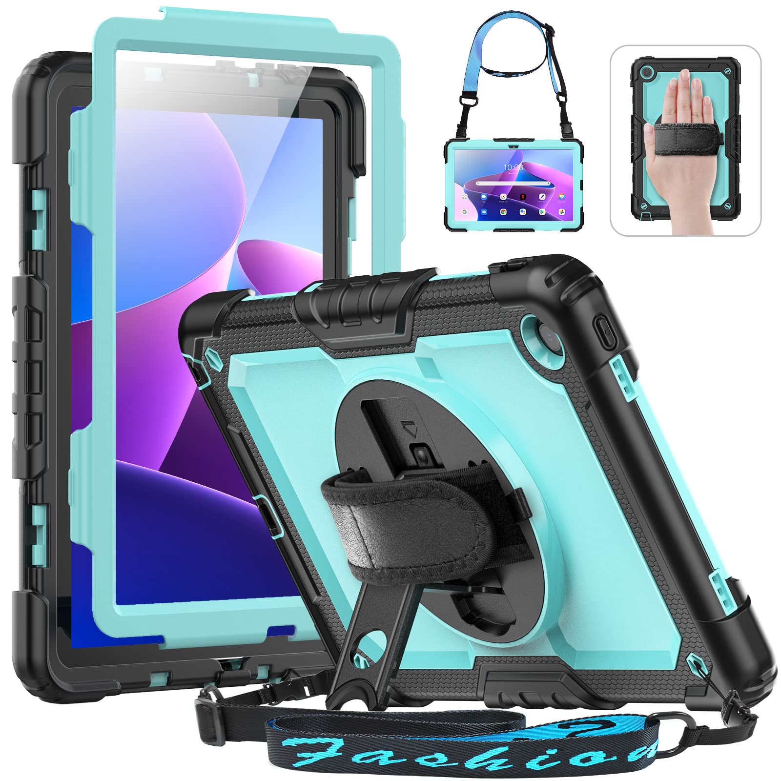 Hxcaseac For Lenovo Tab M10 Plus 3Rd Gen Case 10.6 Inch With Screen Protector/Rotating Hand Strap/Stand, 3 Layer Protective M10 