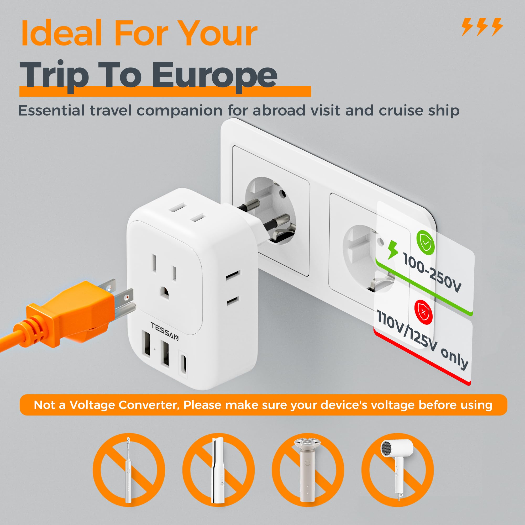 European Travel Plug Adapter, Tessan Usa To Europe Plug With 4 Outlets And 3 Usb Ports(1 Usb C), International Type C Power Adap