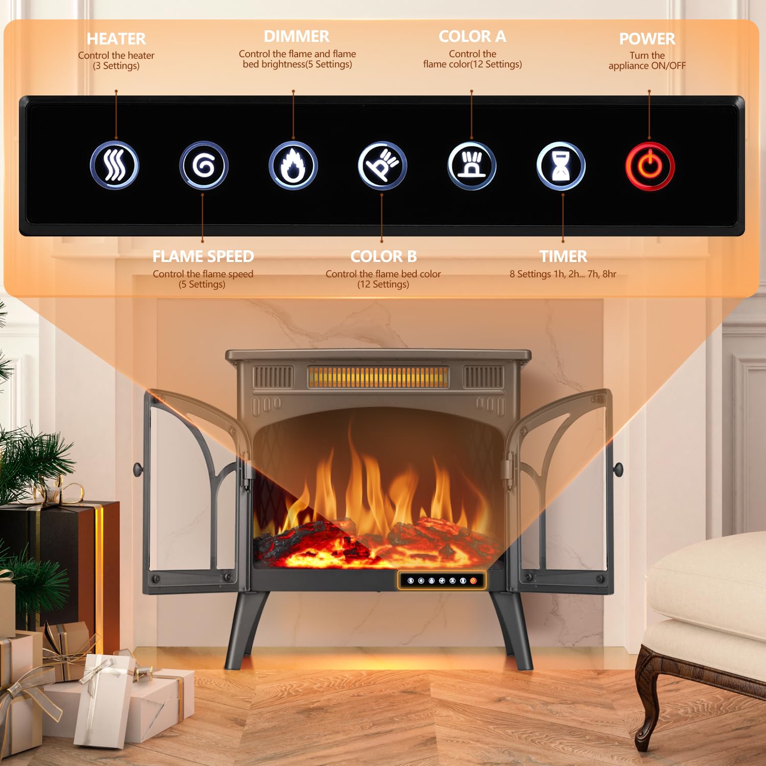 R.W.Flame Electric Fireplace Stove Heater With Remote Control, 25 Fireplace Heater, Adjustable Brightness And Heating Mode, Over