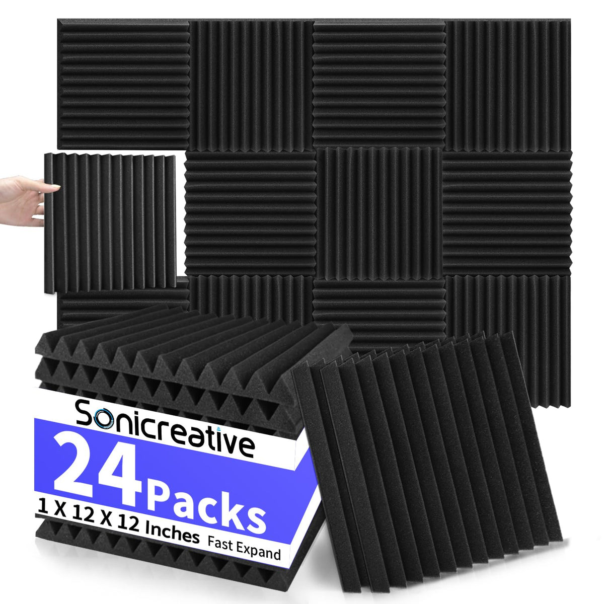 Sonicreative 24 Pack Acoustic Foam Panels 1 X 12 X 12 Inches Sound Proof Foam Panels For Walls, Wedge Sound Dampening Panels, St