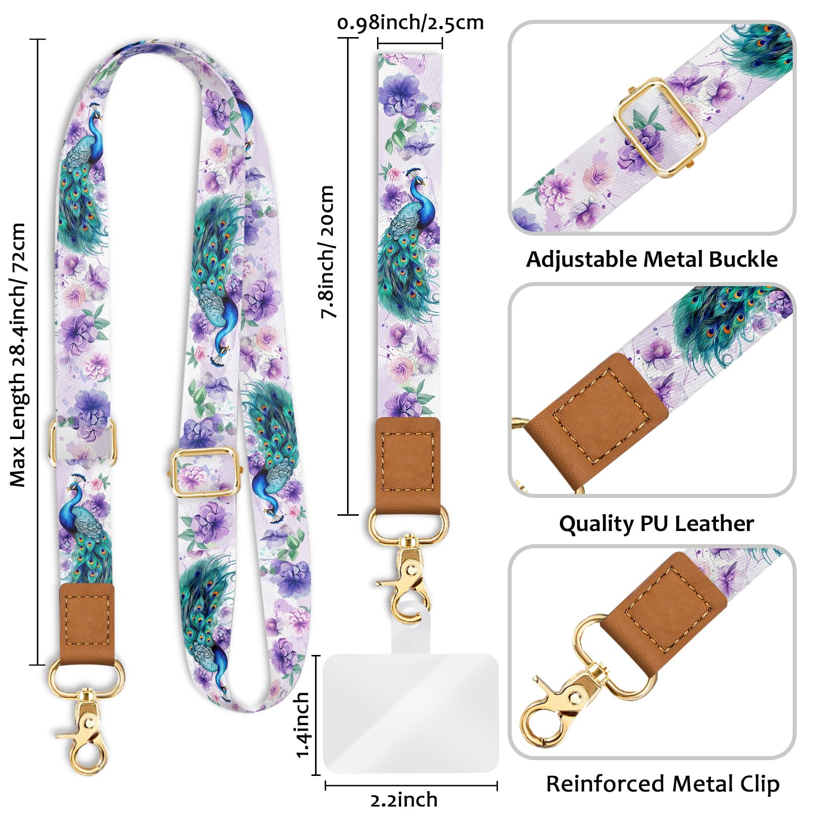 Piefly Phone Lanyard Crossbody Wrist Strap, Peacock Floral Cell Phone Lanyards For Around The Neck Wristlet Shoulder, Adjustable