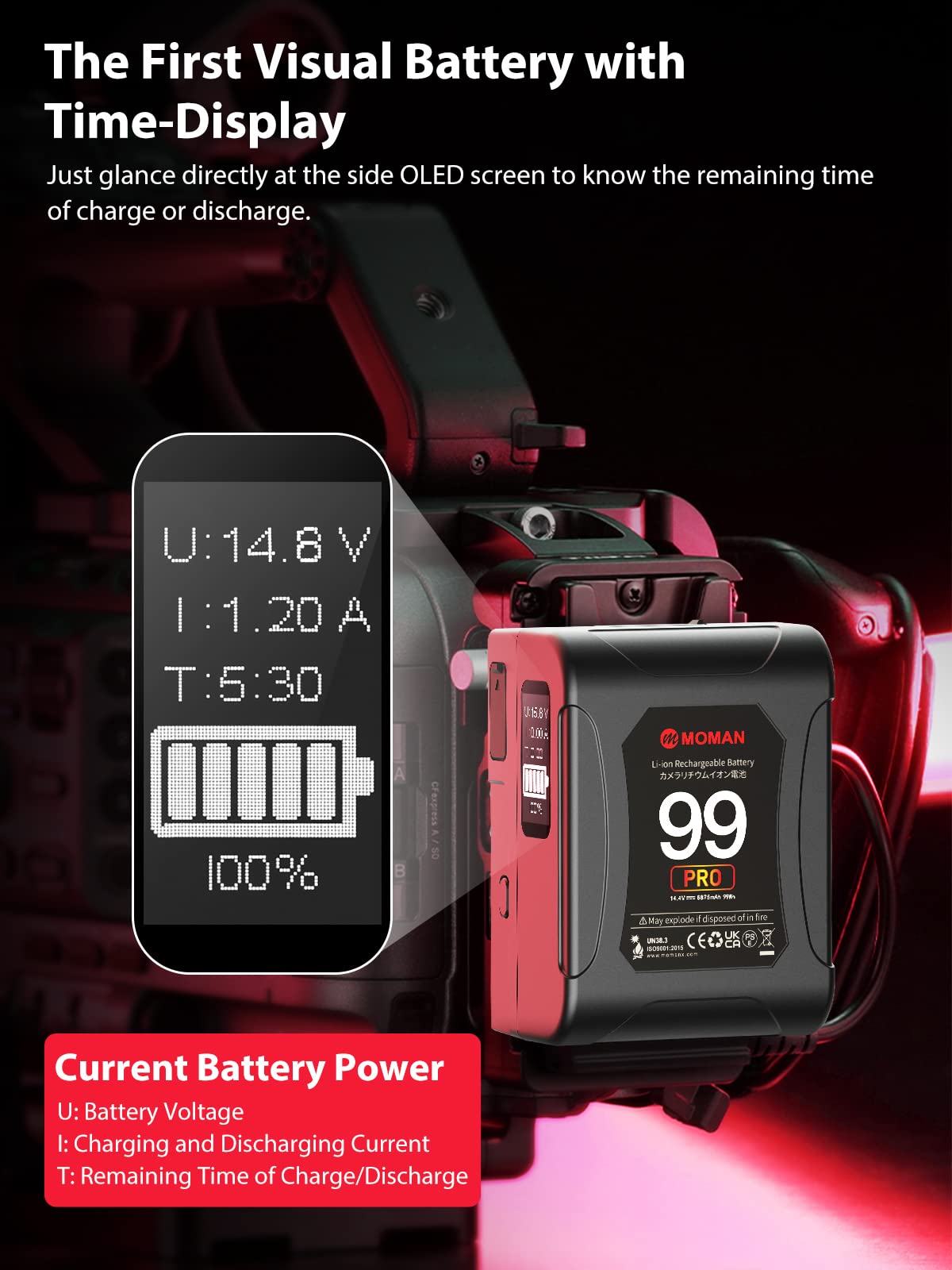 Moman V Mount Battery, Power 99 Pro V Lock Portable Battery 99Wh/6875Mah With D Tap/Usb C/A Output, Premier Oled With Time Displ