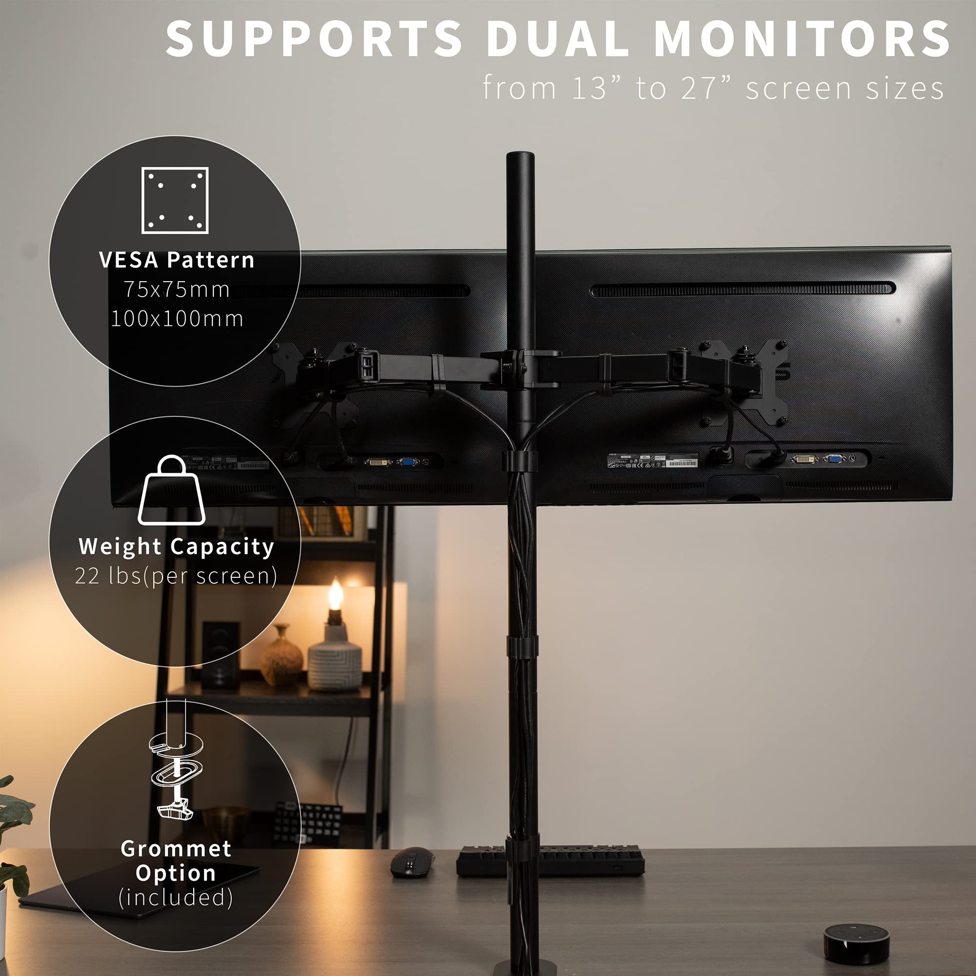 VIVO Dual Monitor Stand Up Desk Mount Extra Tall 39 inch Pole, Fully Adjustable Stand for up to 27 inch Screens, Black, STAND V012