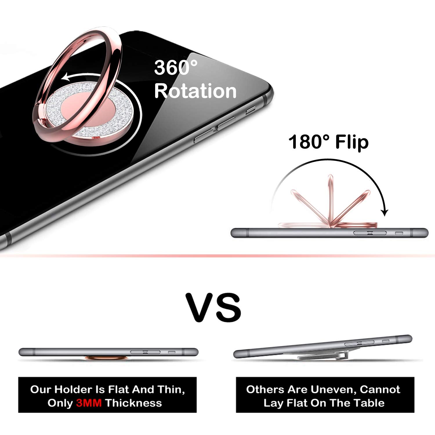 Pikabo Cell Phone Ring Holder Stand, Cell Phone Grip Holder, Adhesive Phone Grip For Phones And Cases. (Glitter Rose Gold)