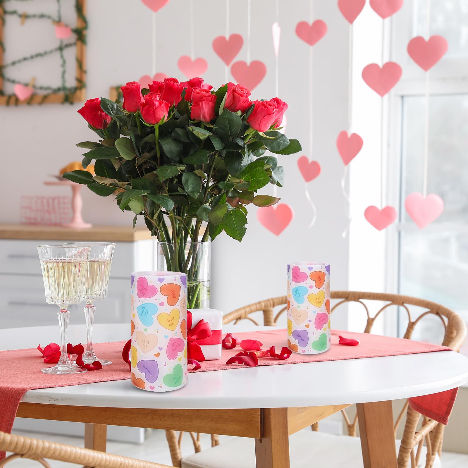 Whaline Valentine'S Day Led Flameless Candles Conversation Heart Warm Light Battery Operated Pillar Candles Colorful Candy Heart