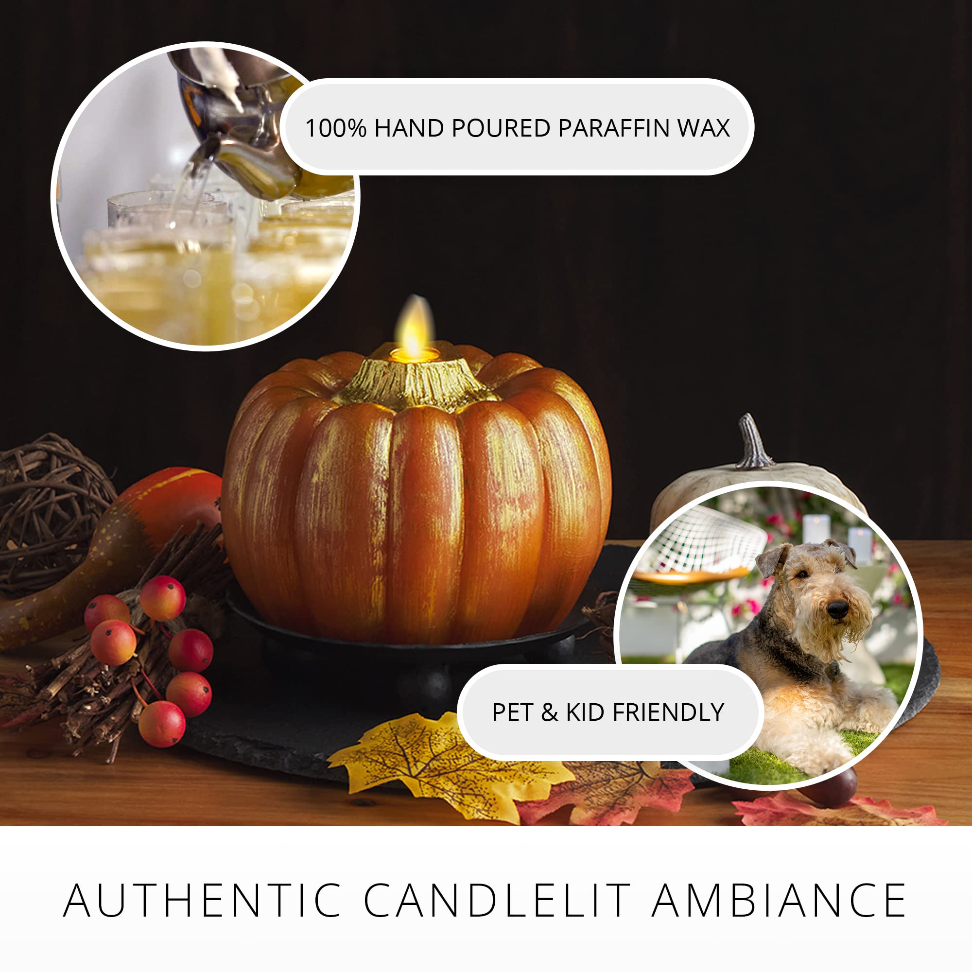 Luminara Pumpkin Figural Flameless Flickering Moving Flame Led Candle (5'' X 4.5''), Metallic Finish Real Unscented Wax, Time Fu