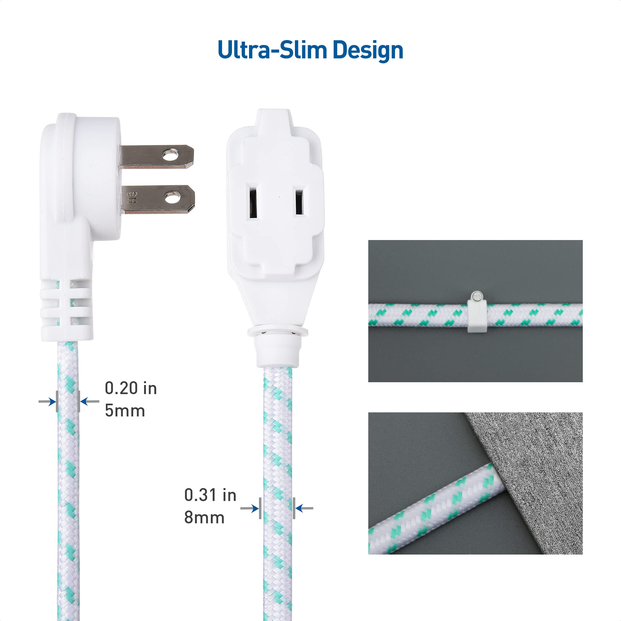 Cable Matters 2 Pack Premium Braided 3 Outlet Flat Extension Cord 2 Prong 10 Ft With Low Profile Plug