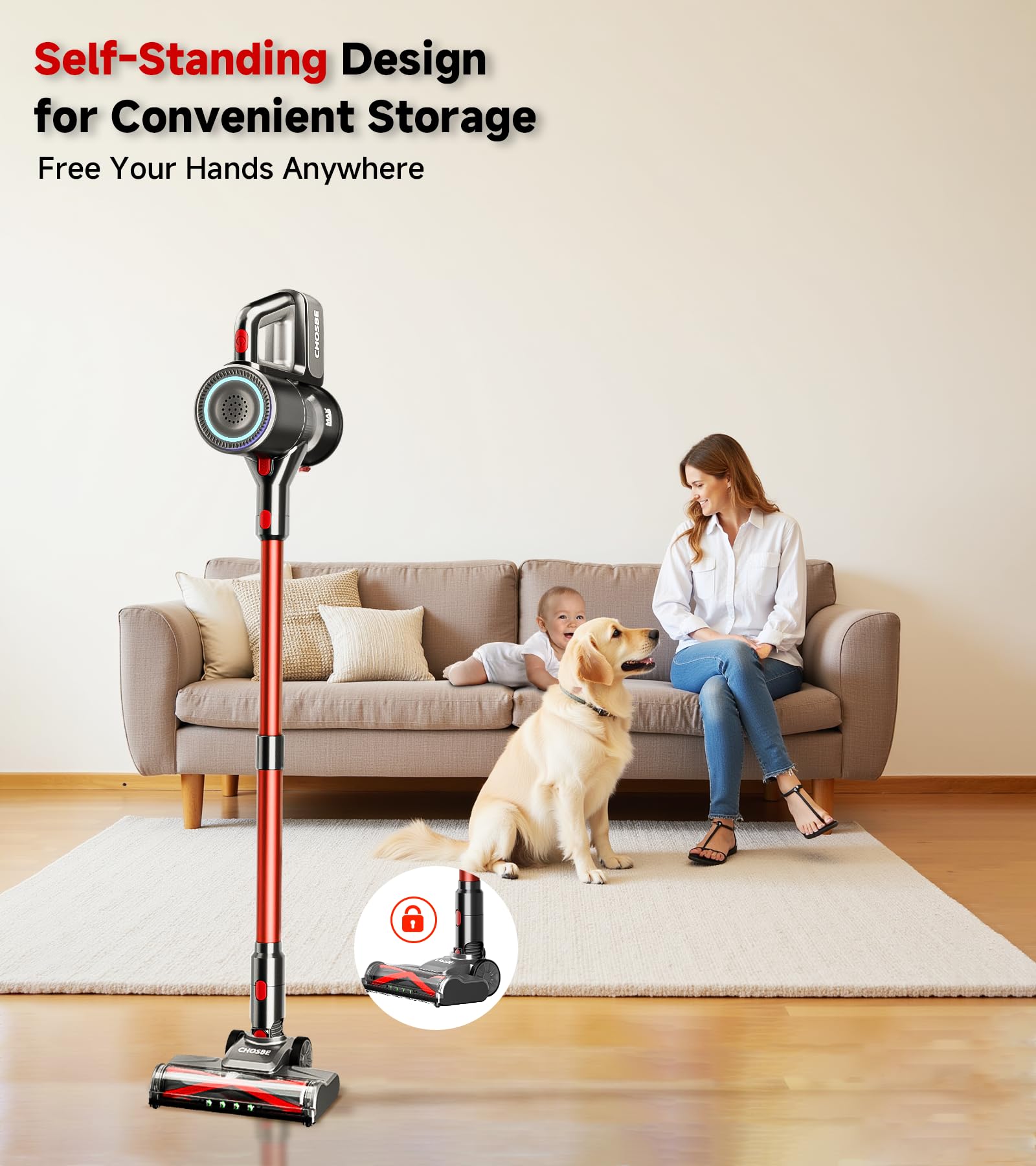 Chosbe Cordless Vacuum Cleaner, 500W/40Kpa Stick Vacuum With 45Mins Runtime, Self-Standing Vacuum Cleaners For Home, Anti-Tangle